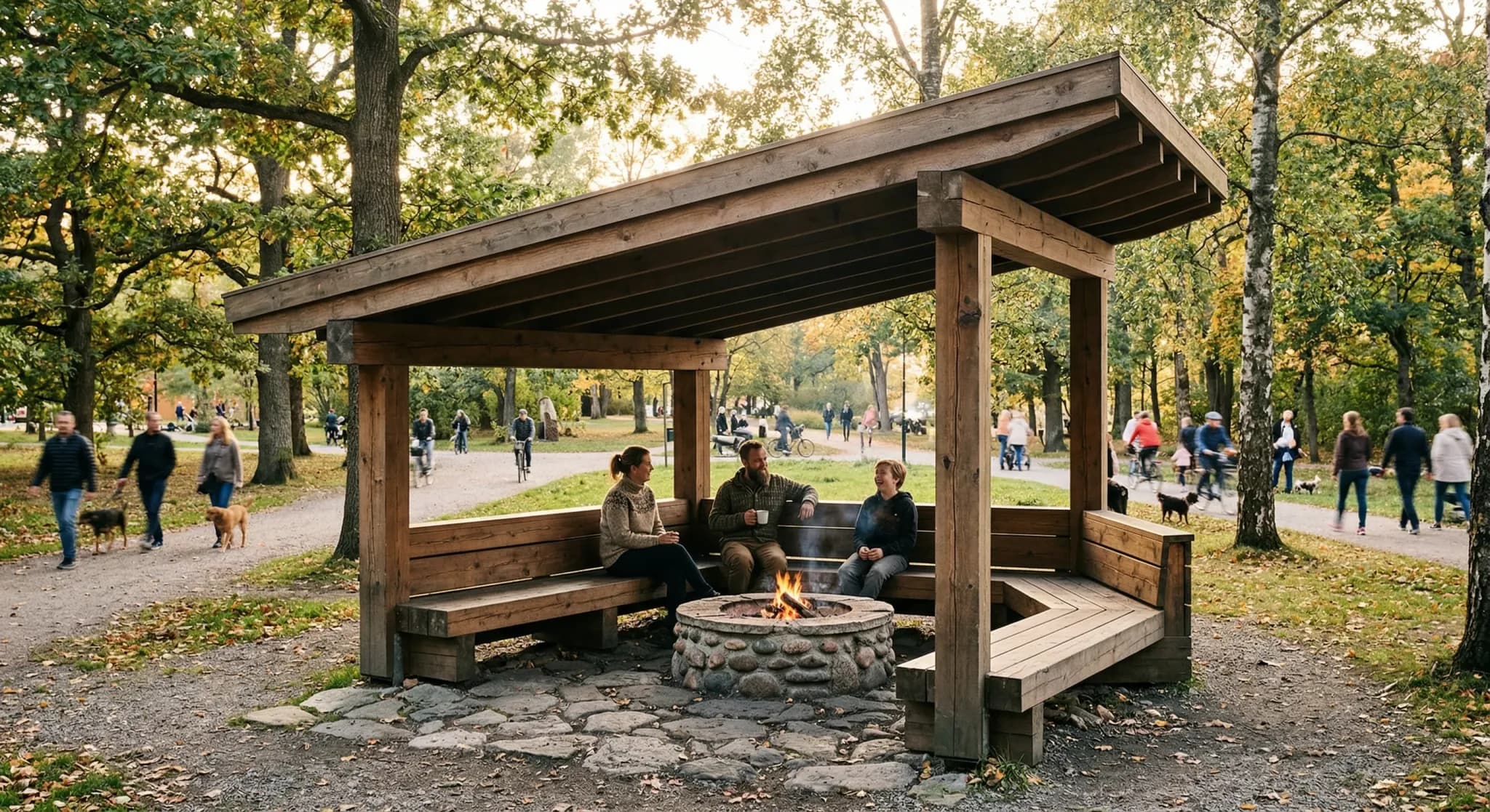 A wide-angle photorealistic shot of a modern Scandinavian-style timber outdoor shelter in a public park. The structure features heavy wooden beams, integrated benches, and a central stone fire pit, wi