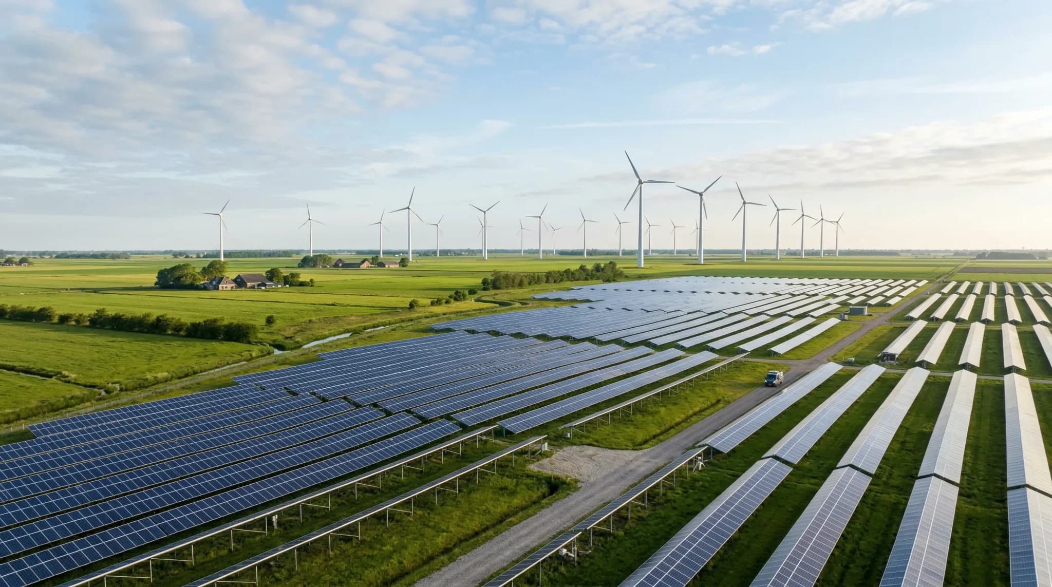 A photorealistic wide-angle shot of a vast energy park in the flat Northern European countryside under a soft morning sun. In the foreground, rows of dark, reflective solar panels stretch toward the h