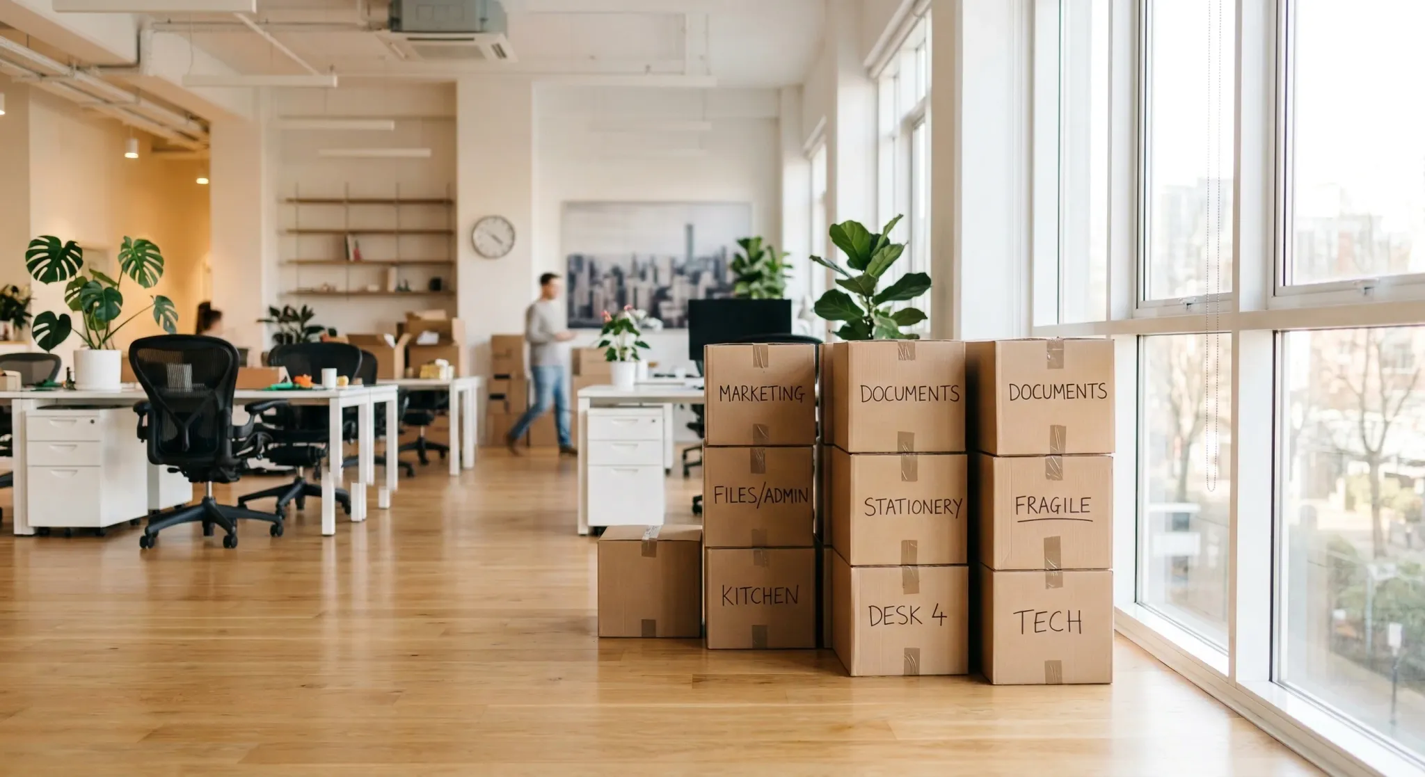 A bright and airy Scandinavian-style office space during a move. Several neat stacks of brown cardboard boxes are placed on a polished light wood floor near a large window. In the background, modern o