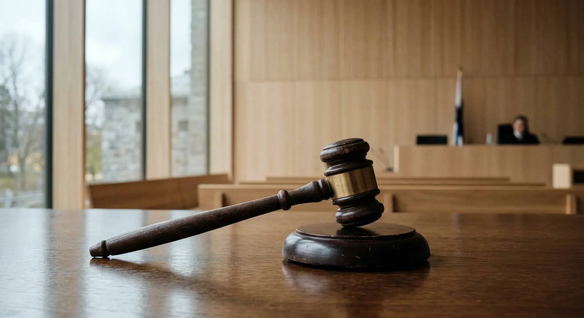 A close-up shot of a dark wooden gavel resting on a sound block on a polished table in a Scandinavian courtroom. The background is a soft-focus view of minimalist wooden paneling and a large window wi