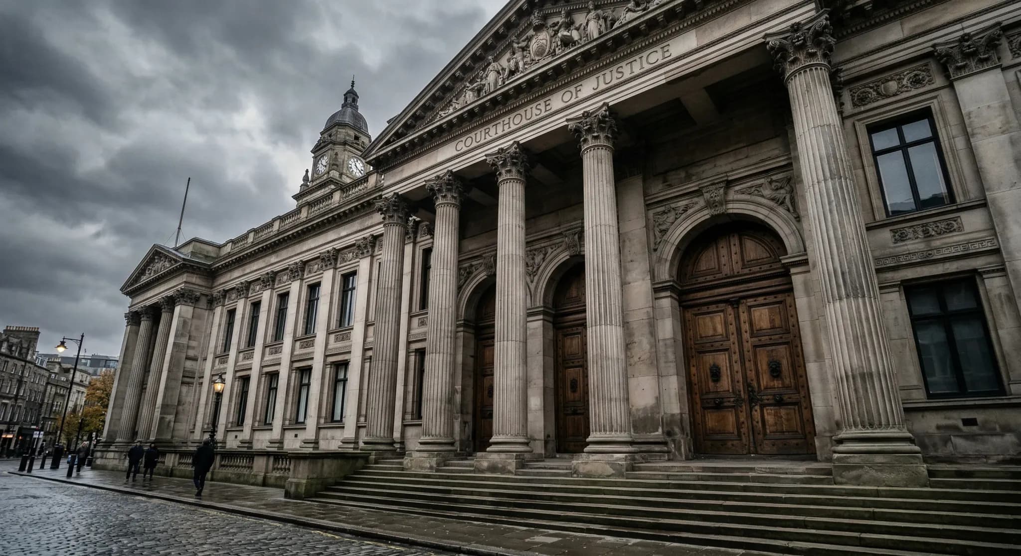 A photorealistic wide-angle shot of a neoclassical European courthouse made of grey stone with large columns. The scene is captured from a low angle on a cloudy, somber day, emphasizing the heavy wood