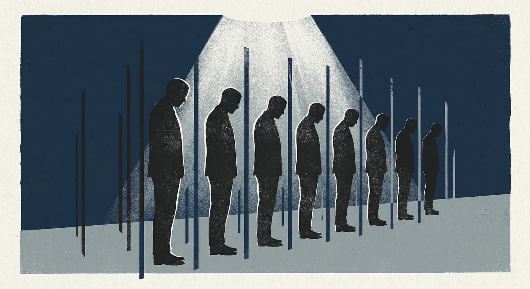 An editorial illustration of nine dark silhouettes of men standing in a row, receding into the distance to suggest a large group. The composition is minimalist with sharp clean lines and a limited pal