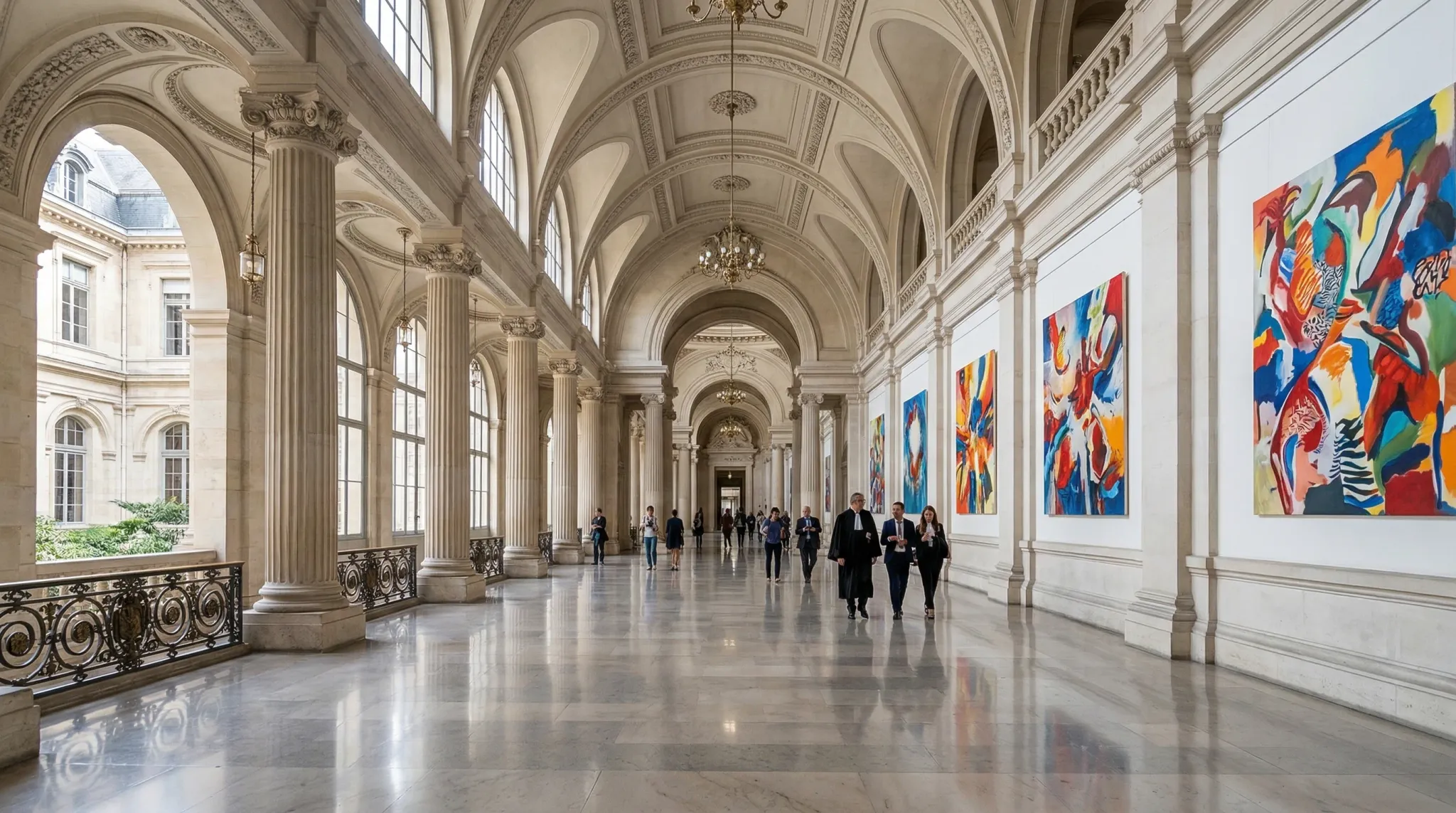 A photorealistic wide-angle shot of a grand neoclassical hallway inside a European courthouse. Large modern abstract paintings with vibrant colors hang on the high white walls, contrasting with the tr