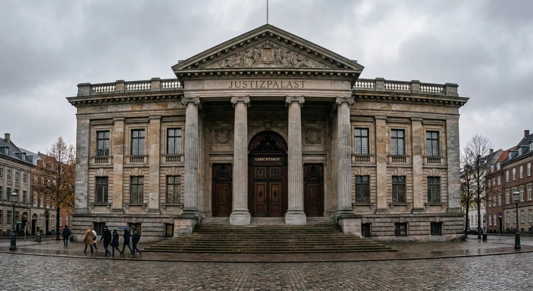 A photorealistic wide-angle shot of a neoclassical court building with heavy stone columns and a grand wooden entrance, typical of Northern Europe. The scene is captured during a gray, overcast day wi