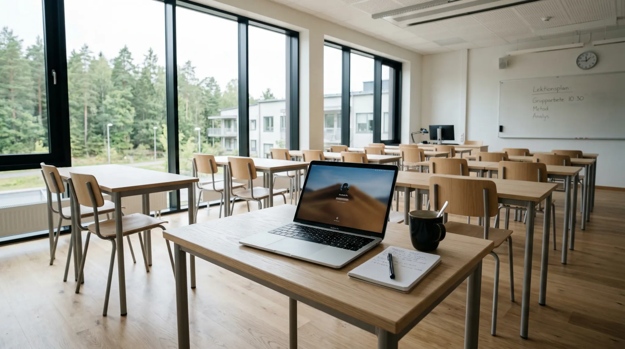 A modern, sunlit classroom features rows of light wood desks and chairs arranged in an orderly fashion, creating a quiet and academic atmosphere. In the foreground, a single laptop, a notebook with a pen, and a coffee mug rest on a desk, emphasizing a moment of pause in an otherwise empty space.