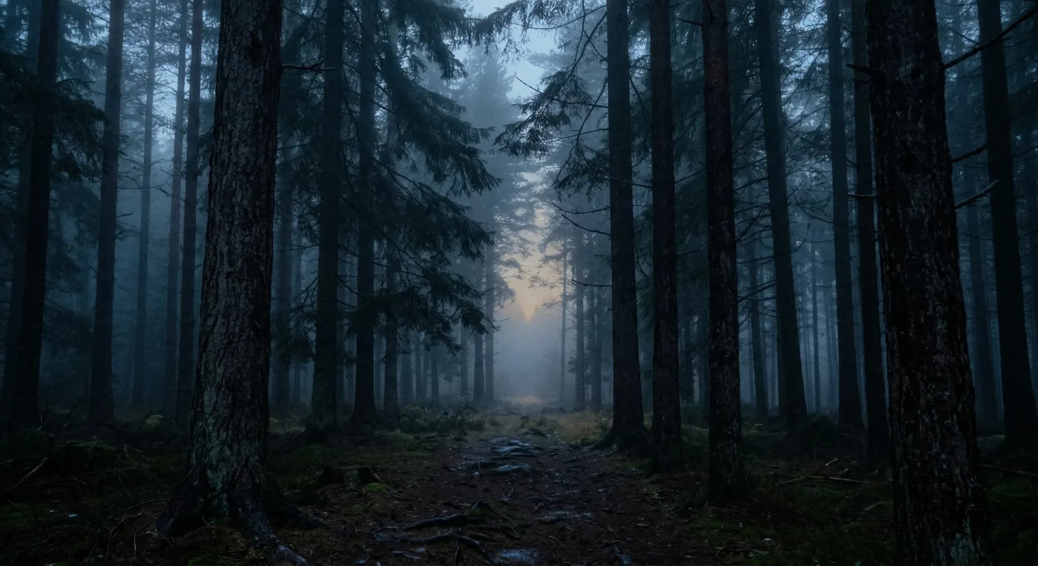 A cinematic, documentary-style shot of a dense pine forest at twilight, with thick mist clinging to the dark tree trunks. The lighting is low and moody, with cool blue tones and deep shadows creating