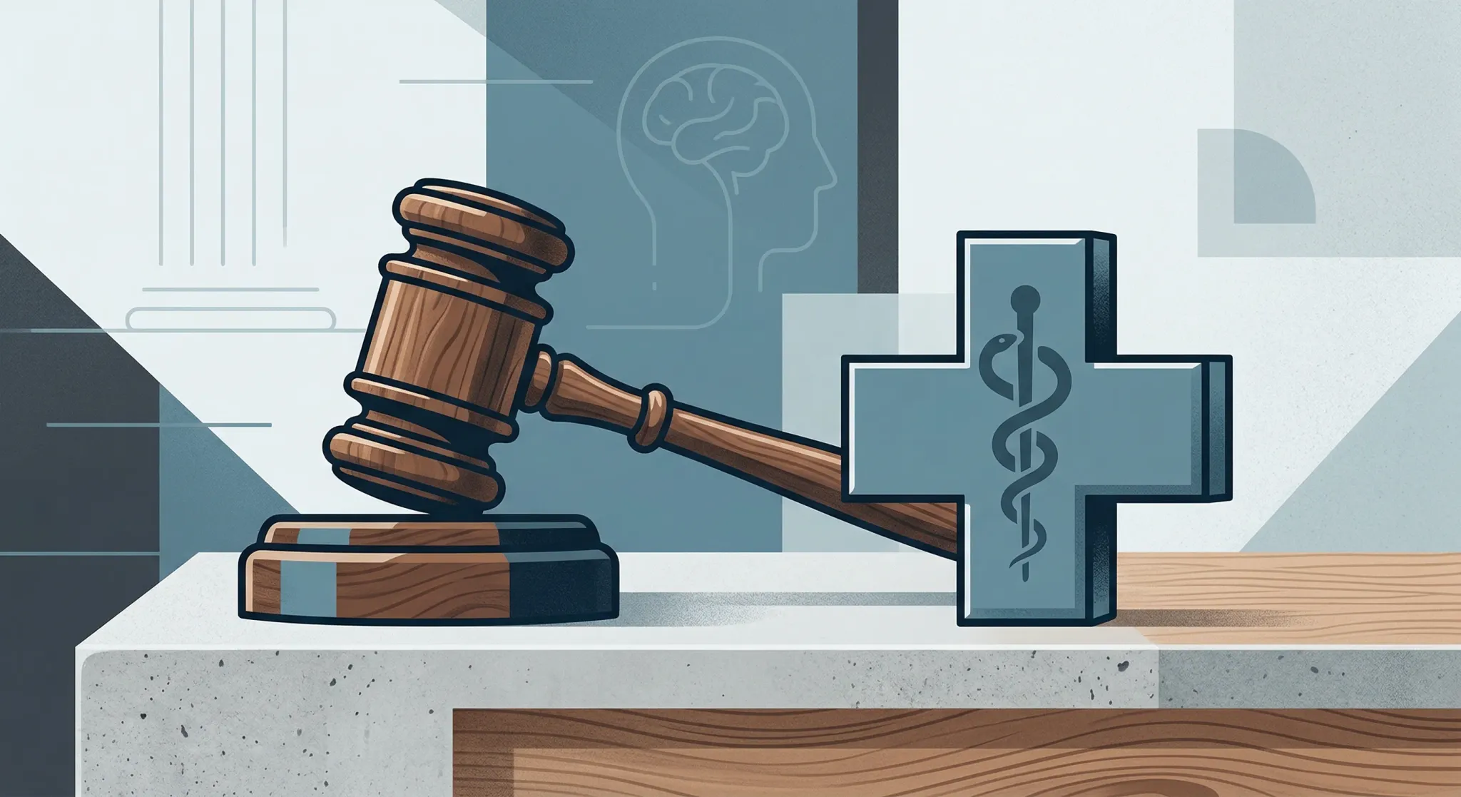 This editorial illustration features a wooden gavel resting beside a medical cross on a minimalist surface, set against a backdrop that includes a faint outline of a human head and brain. The composition uses a sophisticated palette of muted blues and warm wood tones to convey a professional and analytical tone regarding the intersection of law and medicine.