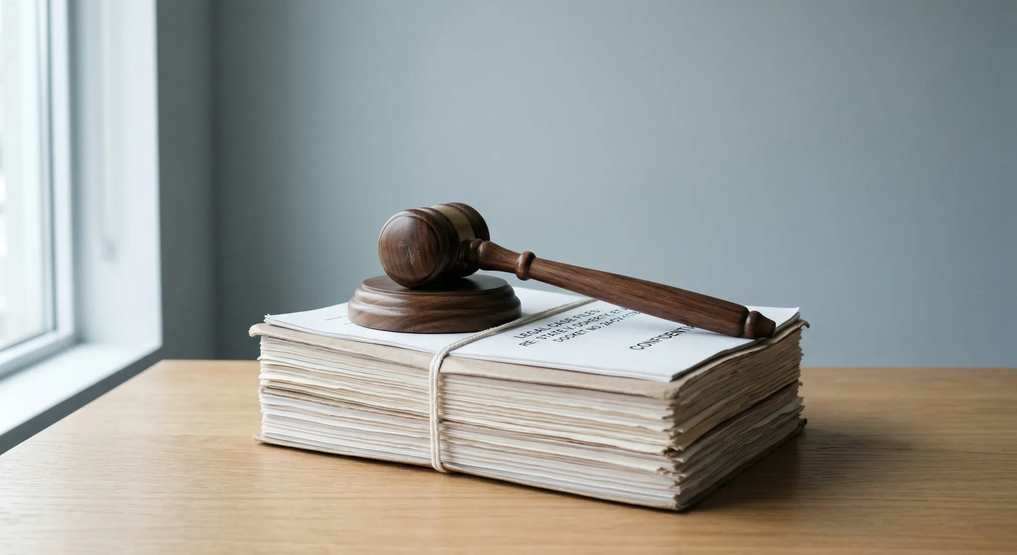 A minimalist composition featuring a single wooden gavel resting on a thick stack of legal documents. The setting is a clean, modern desk made of light oak, positioned in a room with vast negative spa