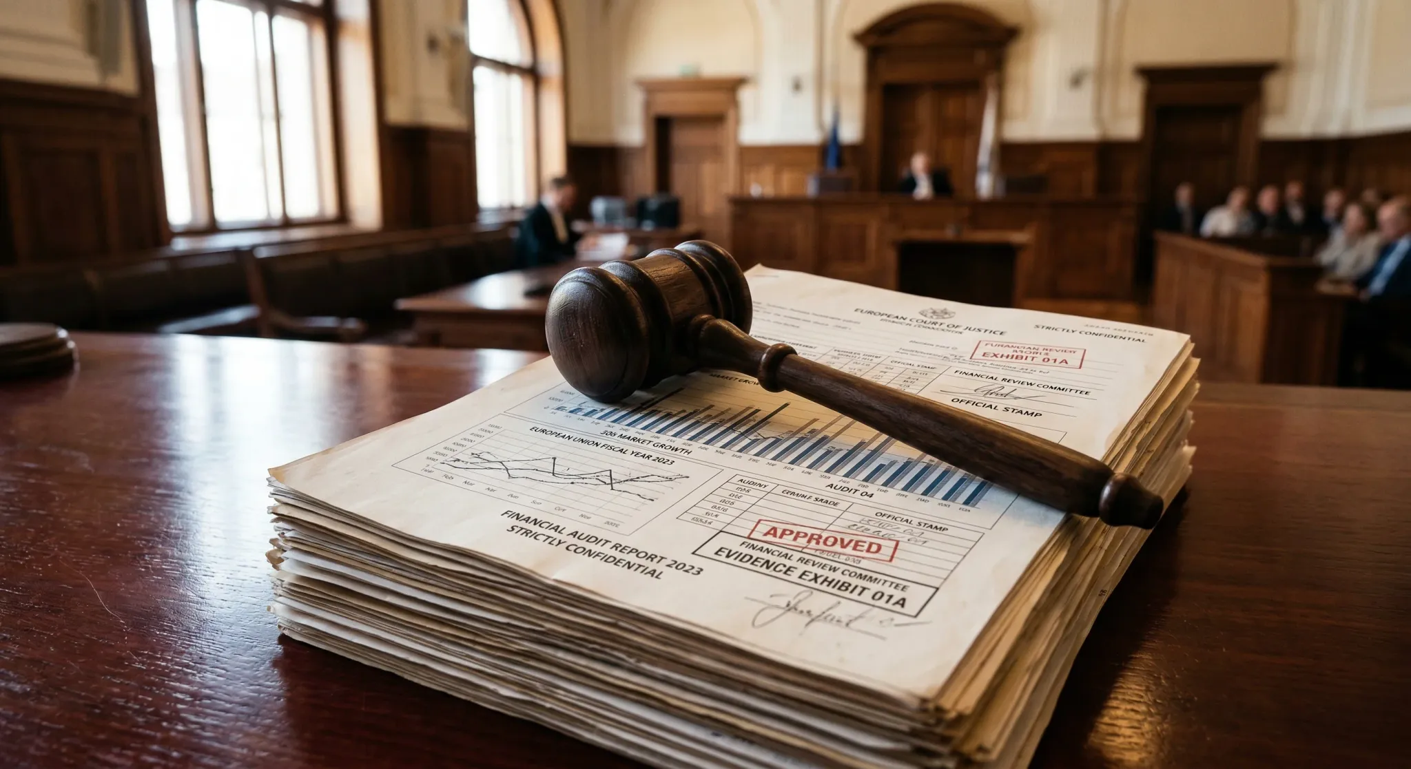 A high-angle, close-up photograph of a dark wooden gavel resting on a stack of official financial documents. The documents feature intricate graphs and stamps, lying on a polished mahogany desk. Soft,