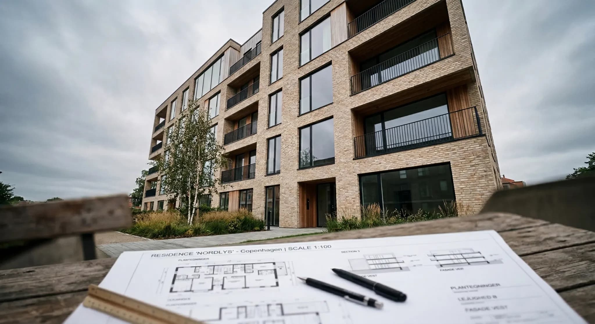 A low-angle photograph of a modern residential building with clean lines, light-colored brick, and large windows, reflecting a contemporary Northern European architectural style. In the foreground, a