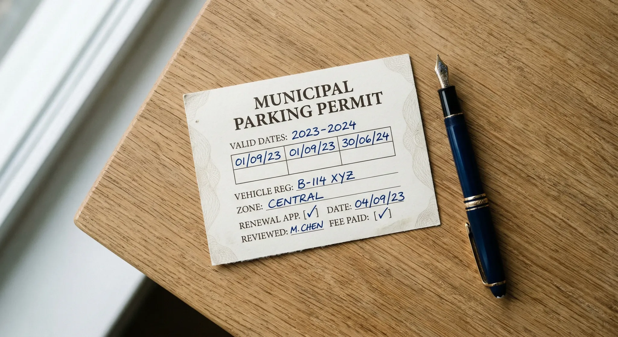 A minimalist top-down composition of a paper parking permit lying on a clean wooden surface next to a fountain pen. The permit has handwritten dates in small boxes, reflecting a clerical or legal revi