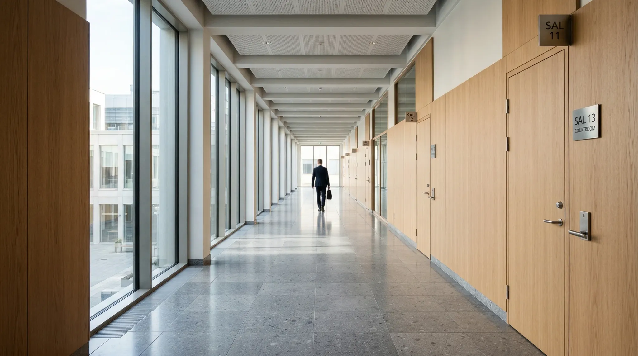 A wide-angle photorealistic shot of a modern European courthouse corridor with clean lines and light wood paneling. Soft natural light streams through high windows, casting long shadows on the polishe