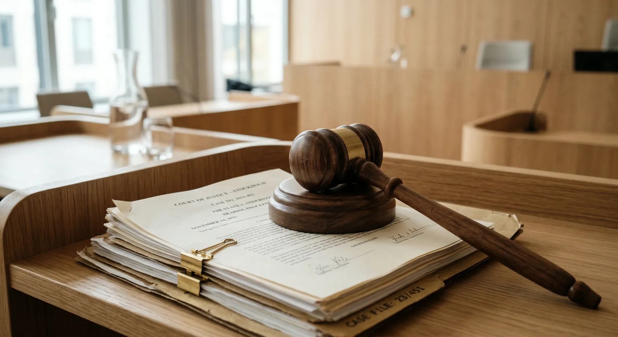 A photorealistic close-up of a wooden judge's gavel resting on a stack of legal documents inside a modern Scandinavian courtroom. The room features light oak wood paneling and minimalist furniture. So