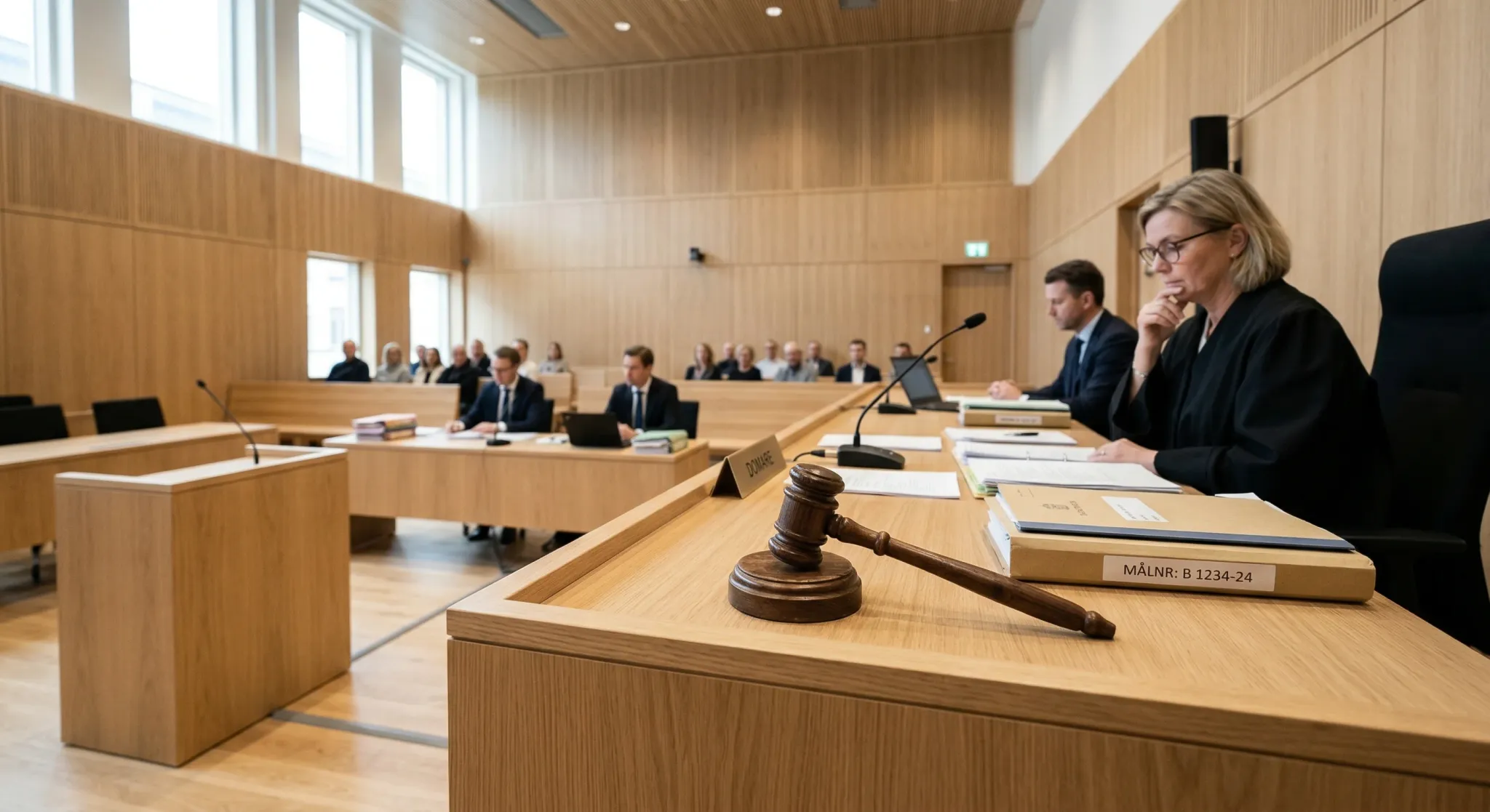 A wide-angle photorealistic shot of a modern Scandinavian courtroom. The scene features light oak wood paneling, a judge's bench with organized legal files, and a shallow depth of field focusing on a