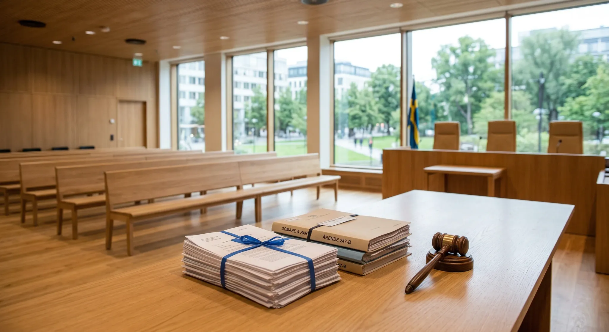 A bright, modern Northern European courtroom interior with light oak wood paneling and minimalist furniture. In the foreground, a polished wooden table holds a neat stack of legal documents and a smal