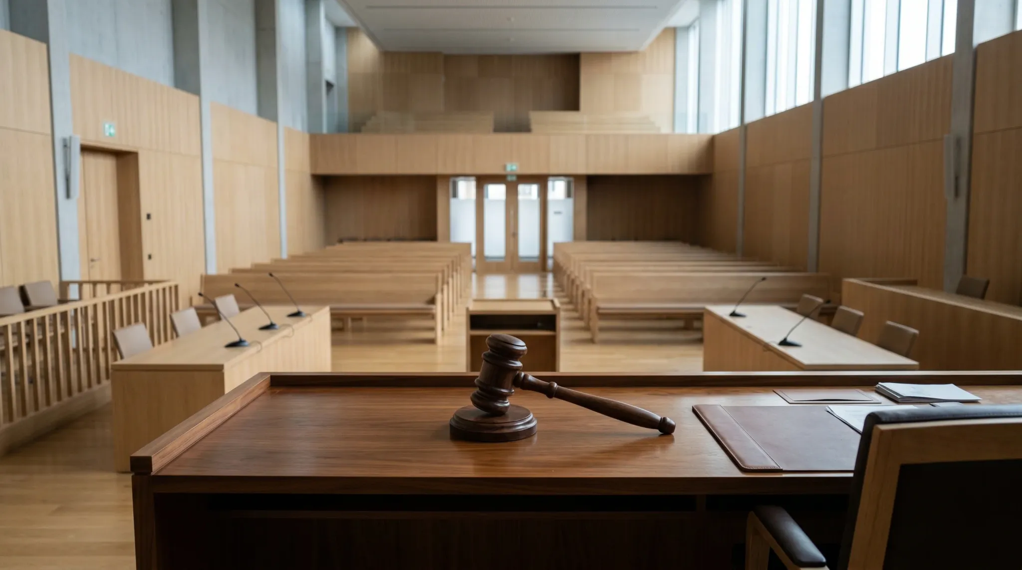 A wide-angle photorealistic shot of a modern European courtroom interior with clean lines and light-colored wood paneling. A heavy wooden gavel sits on a polished desk in the foreground, with empty sp