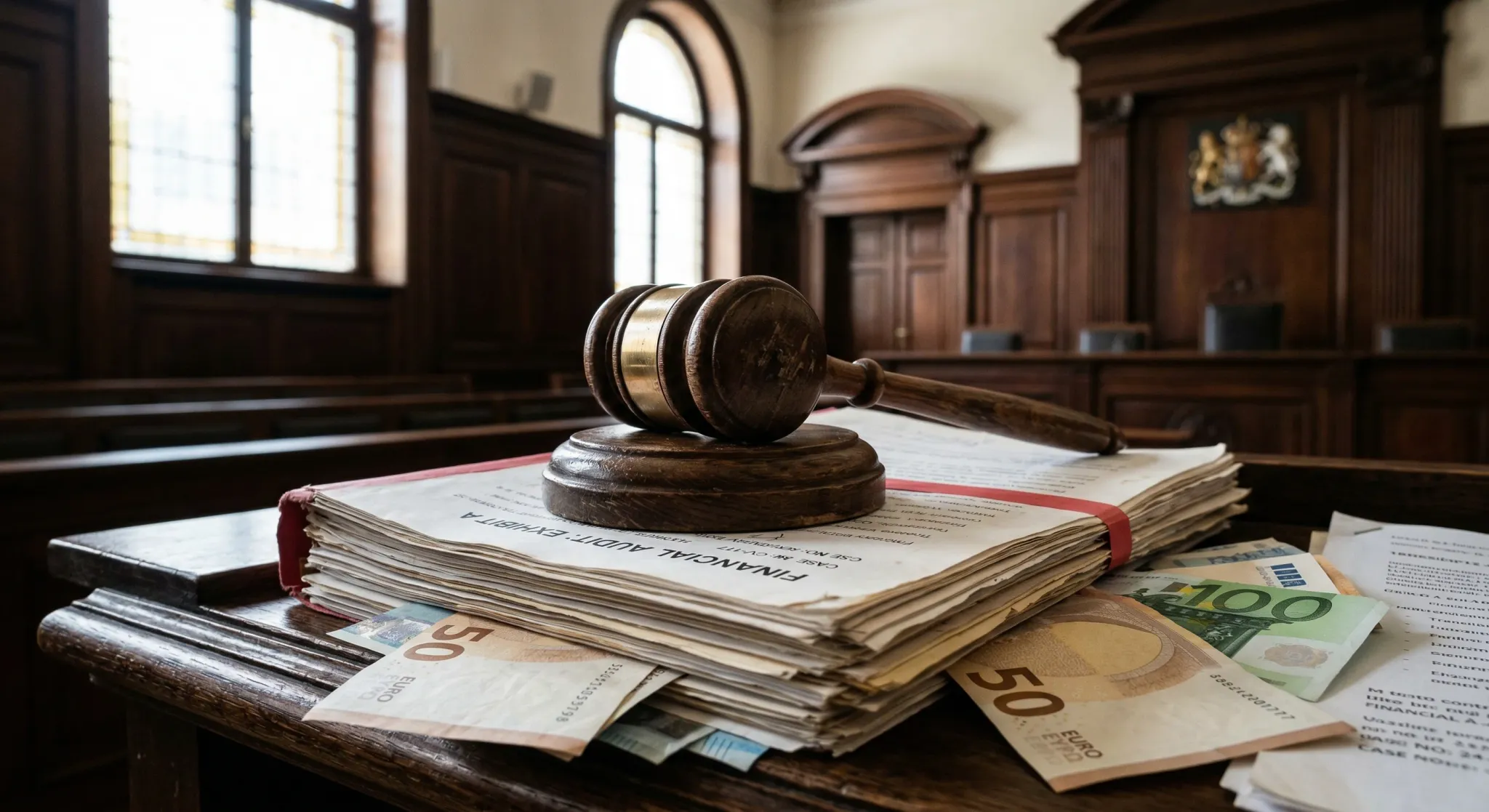A wooden judge's gavel rests atop a thick stack of "Financial Audit" documents and scattered Euro banknotes, placed on a dark wooden surface. The setting, a formal courtroom with wood-paneled walls and arched windows, creates a somber and authoritative atmosphere suggestive of a legal proceeding involving financial corruption or fraud.