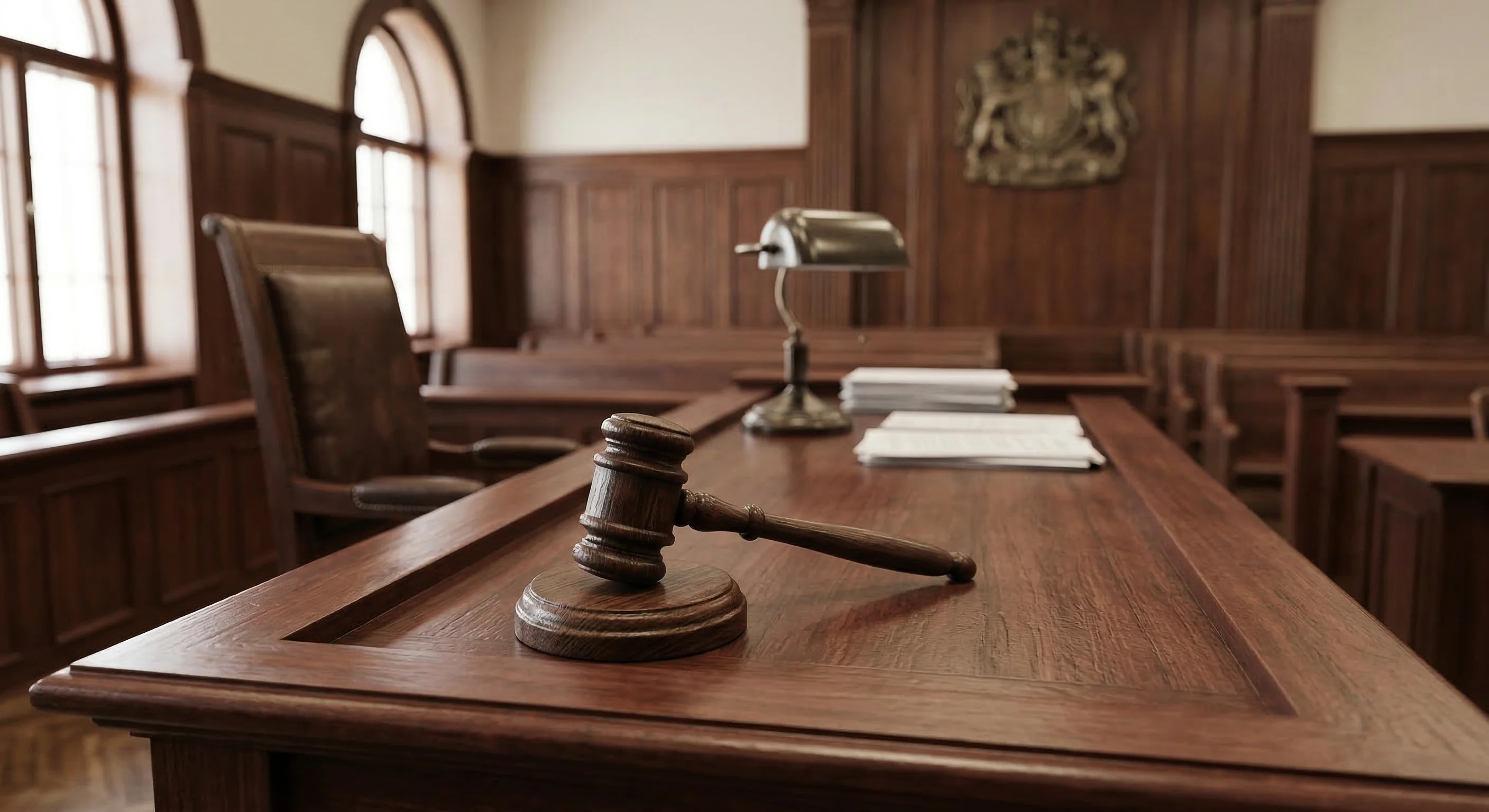 A high-end photorealistic shot of a judge's mahogany bench in a European courtroom. A wooden gavel sits on its striking block in the foreground, with a shallow depth of field blurring the rows of empt
