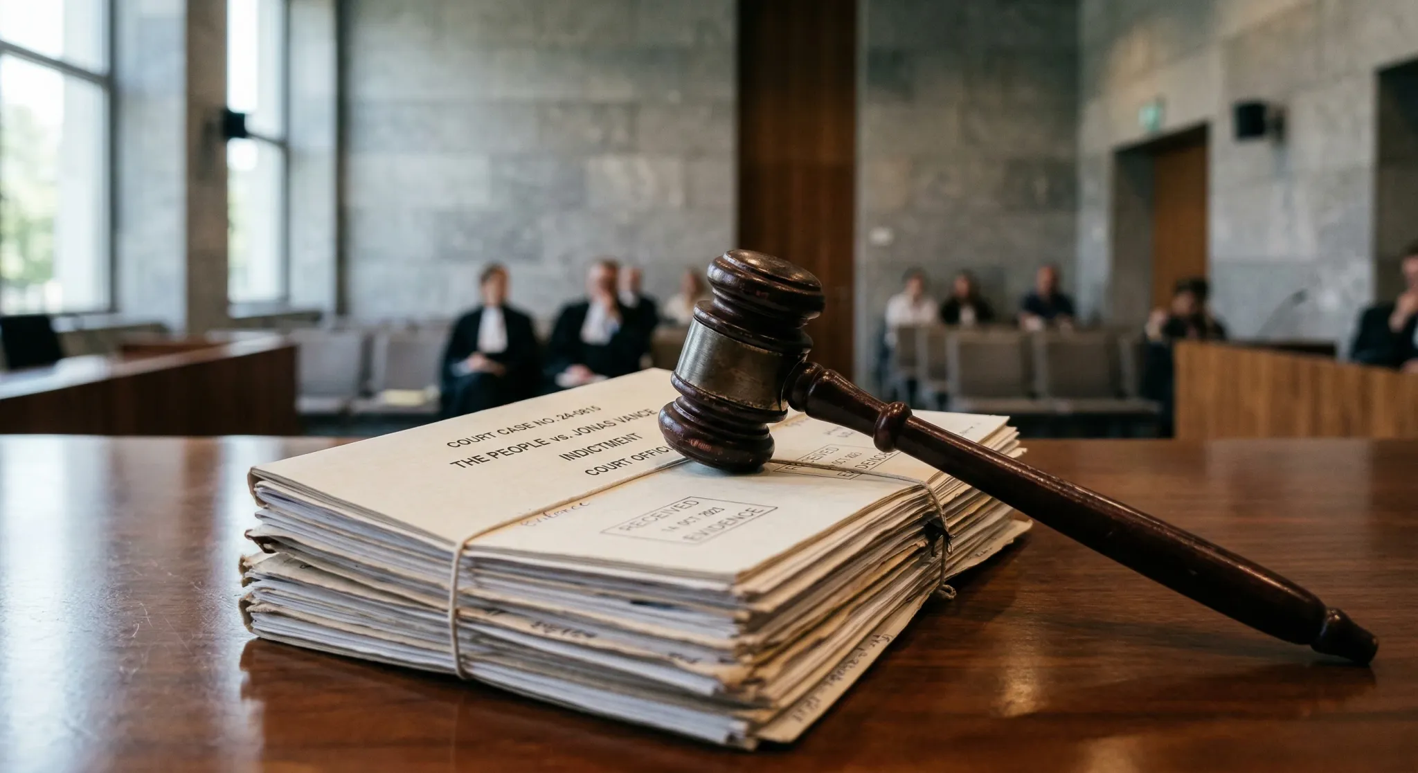 A close-up photograph of a dark wooden gavel resting on a stack of official legal documents on a polished table. The background is softly blurred, showing a modern European courtroom with grey stone w
