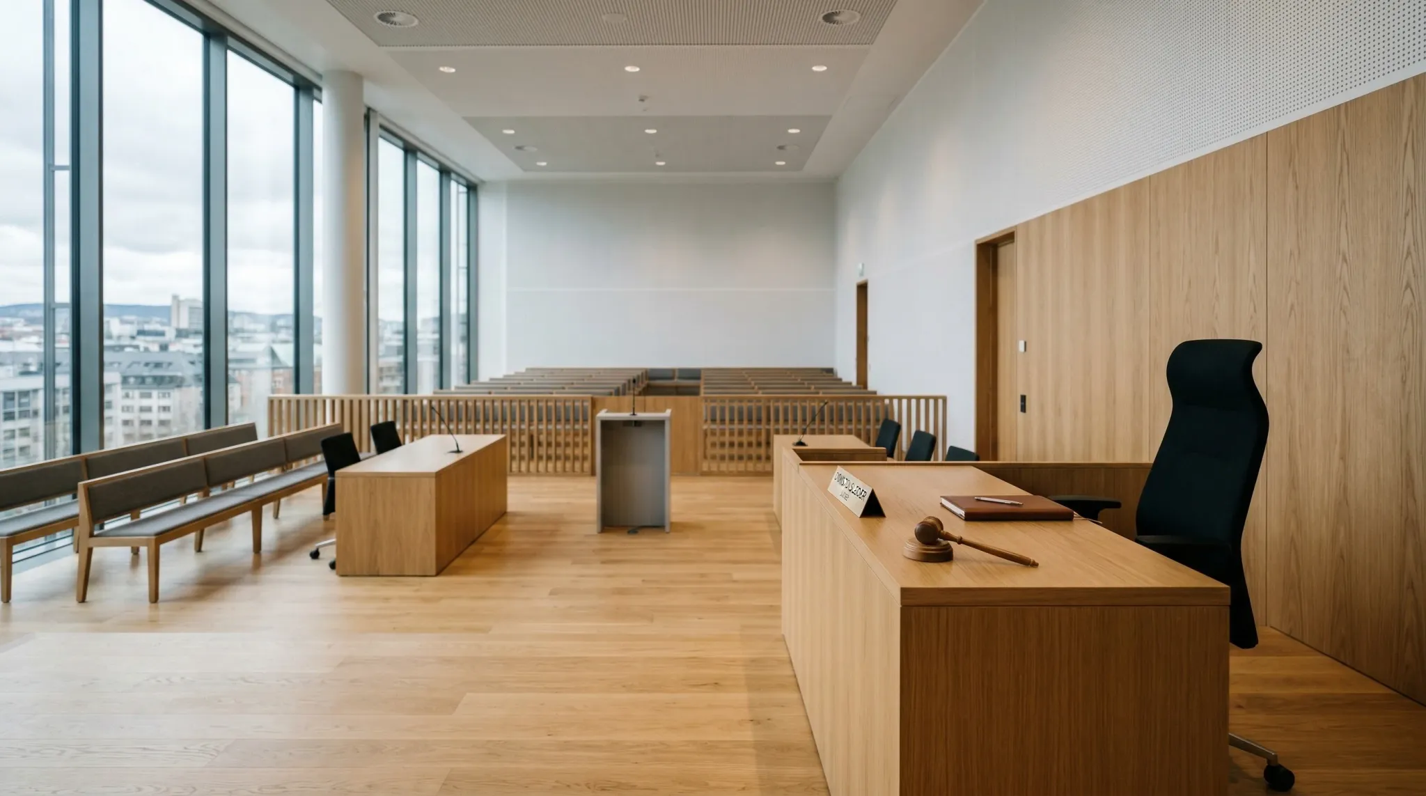 This image captures the interior of a modern, minimalist courtroom designed with light oak wood paneling, featuring an empty judge's desk complete with a gavel. The spacious room, filled with soft, natural light from expansive windows, projects an atmosphere of solemnity and order.