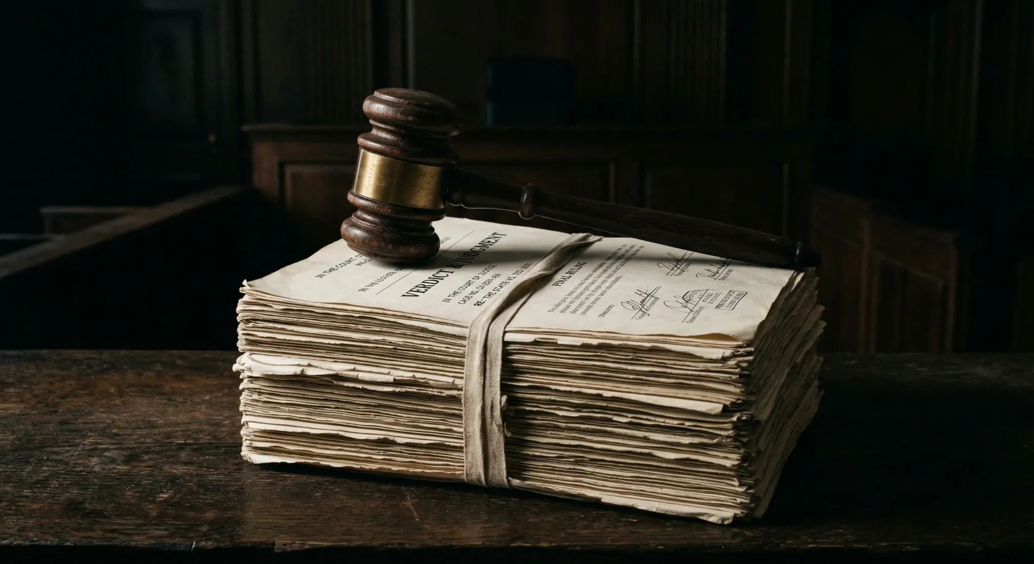 A conceptual minimalist composition featuring a heavy dark wood gavel resting on a thick stack of legal documents. The lighting is dramatic and low-key, with a single soft light source highlighting th
