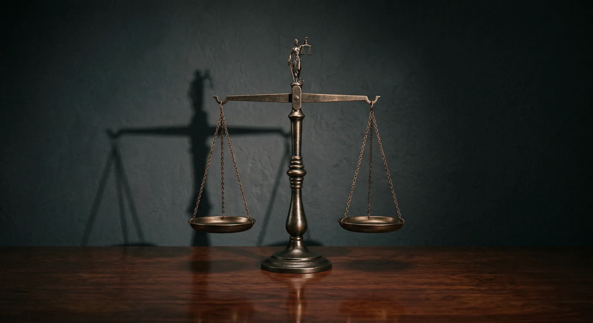A bronze scale of justice sits balanced on a dark, polished wooden table against a textured grey wall. Dramatic side lighting creates a somber, contemplative mood, casting a long, distinct shadow of the scales across the background.