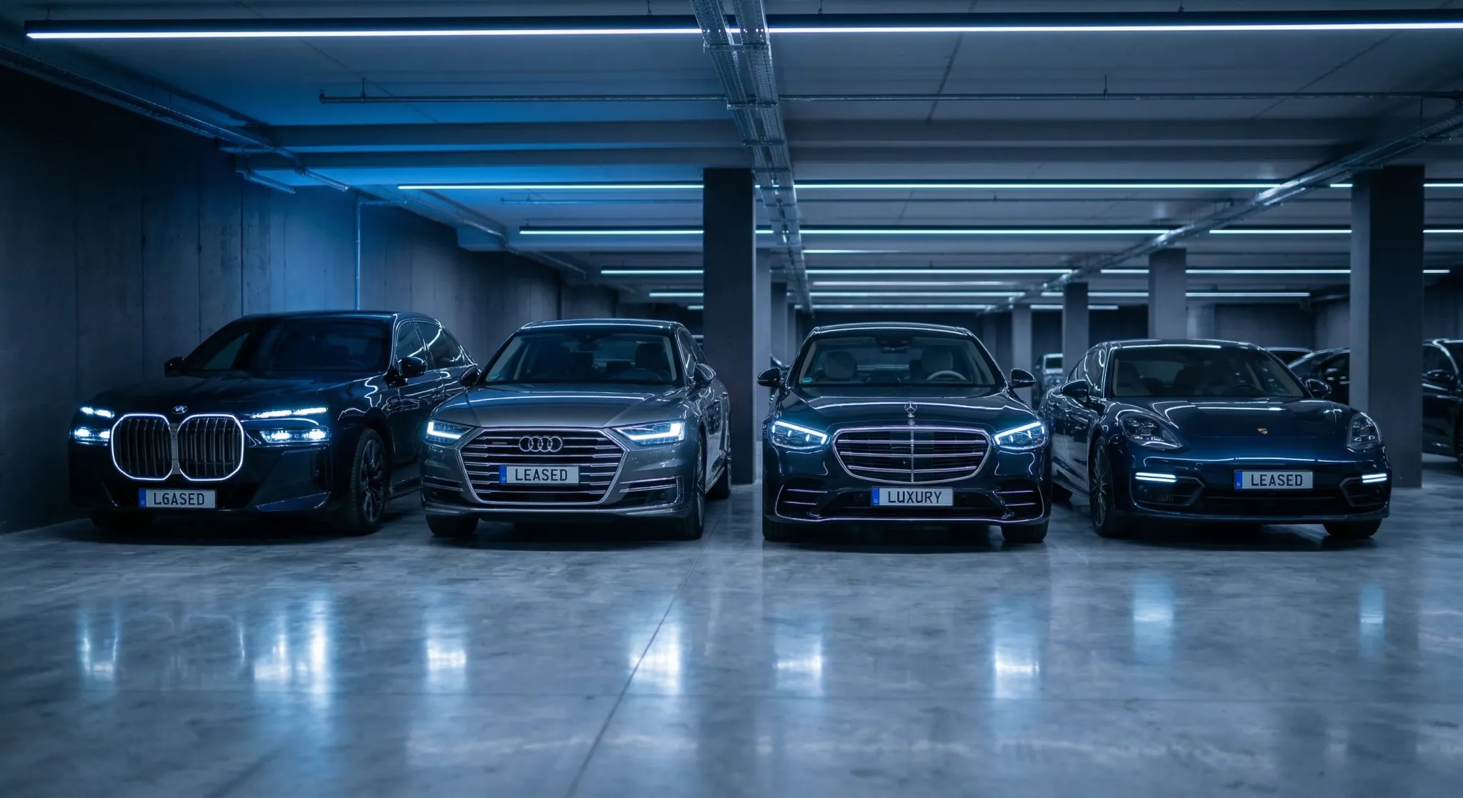A row of modern, dark luxury cars parked in a clean, minimalist garage with polished concrete floors and cool blue ambient lighting. The shot is a low-angle perspective showing the front grills of the