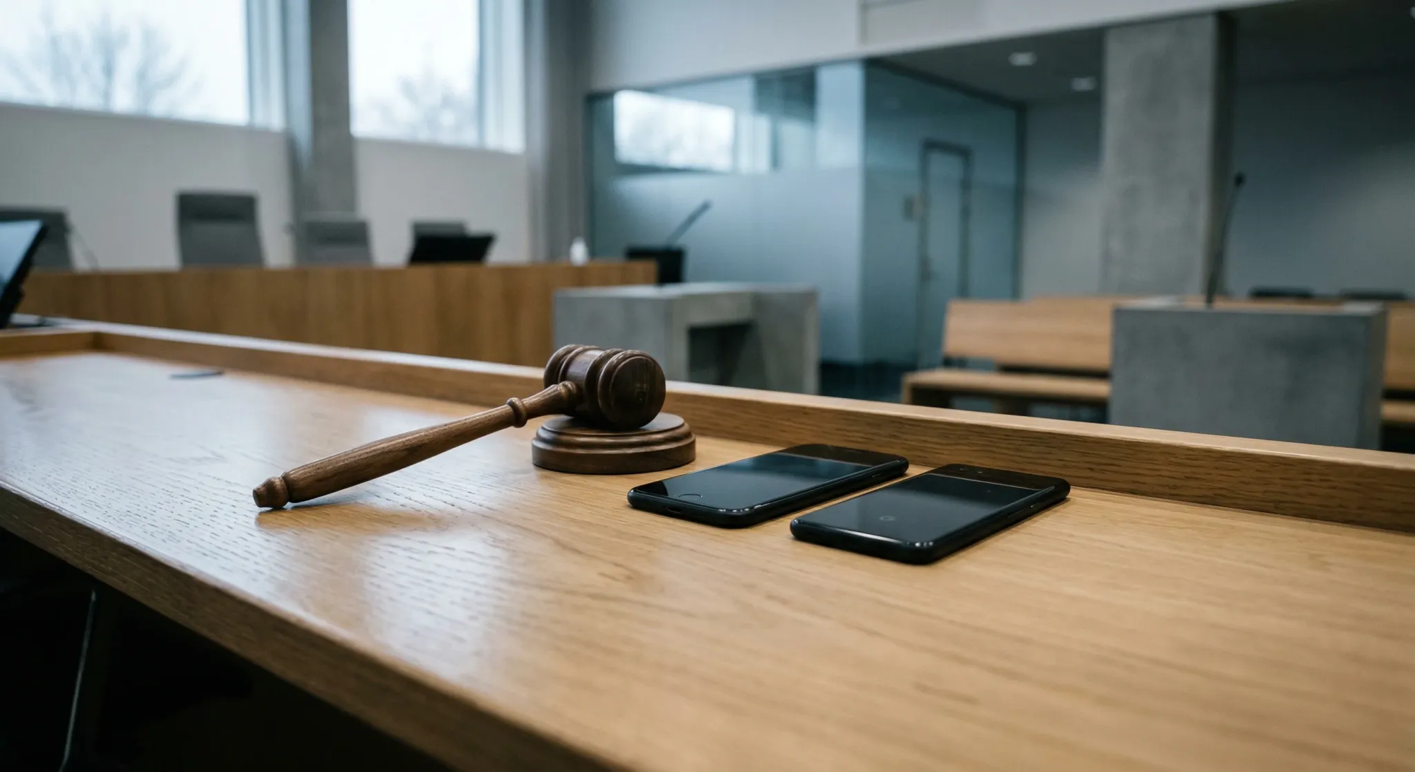 A close-up, low-angle photograph of a modern Scandinavian courtroom bench made of light oak. A judge's wooden gavel sits next to two black smartphones on the polished surface, reflecting the cool, gra
