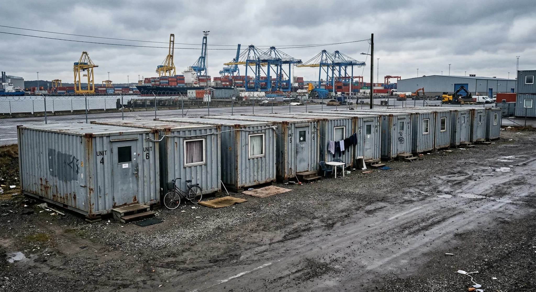 A row of weathered grey shipping containers repurposed as temporary housing units, situated on a desolate gravel lot in a port area. The scene is captured in cold, overcast daylight typical of a North