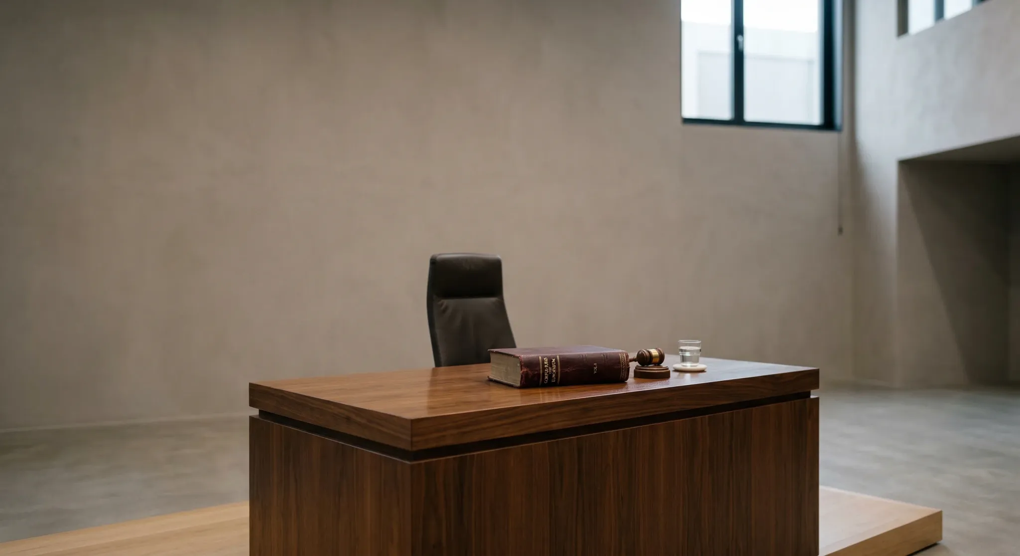 A minimalist composition featuring a polished wooden judge's bench in a modern European courtroom. A single leather-bound law book sits on the desk, lit by soft natural light coming from a high side w