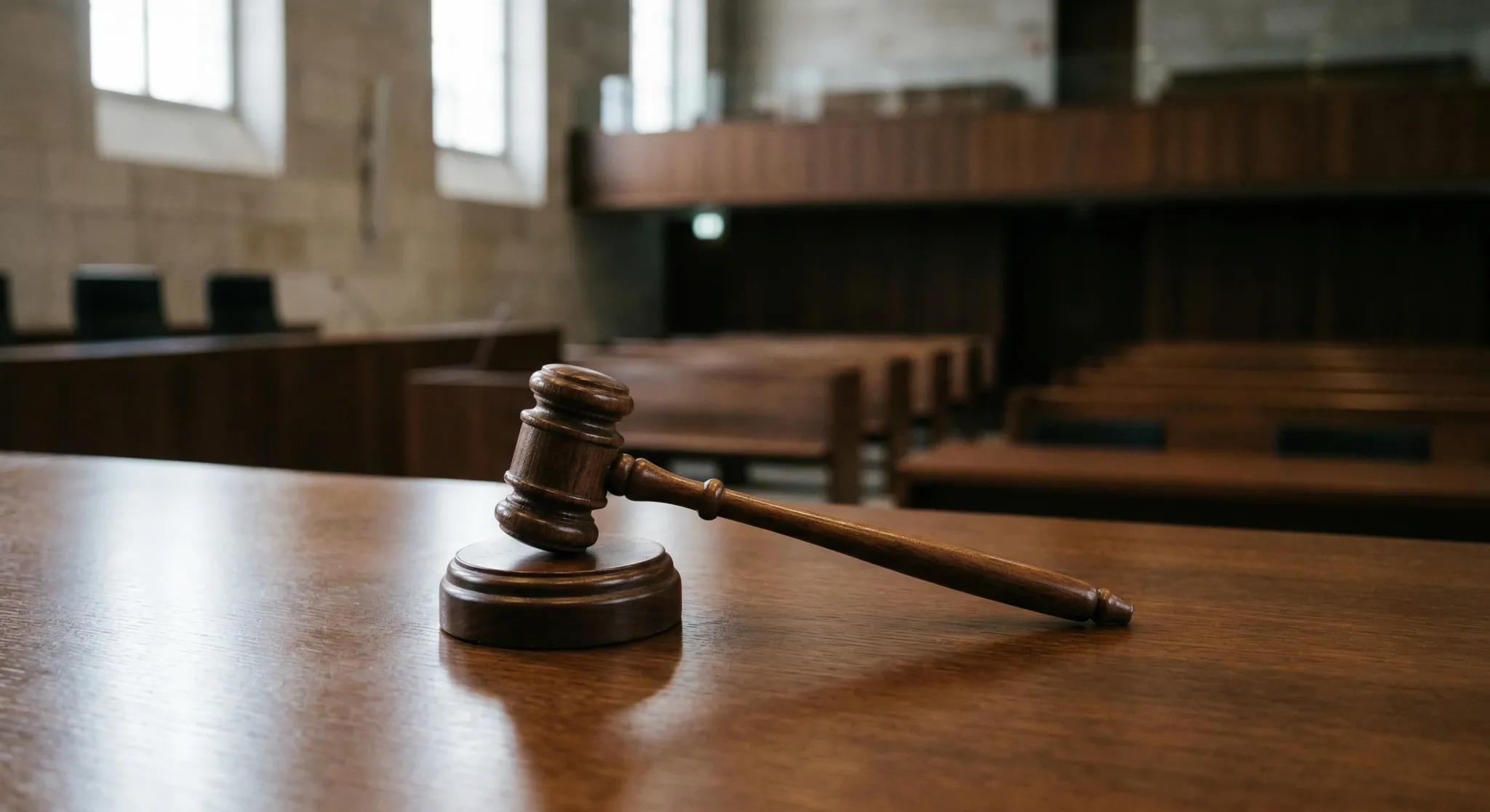 A close-up shot of a wooden gavel resting on a polished dark oak table in a modern European courtroom. Soft natural light streams in from high side windows, creating a shallow depth of field that blur