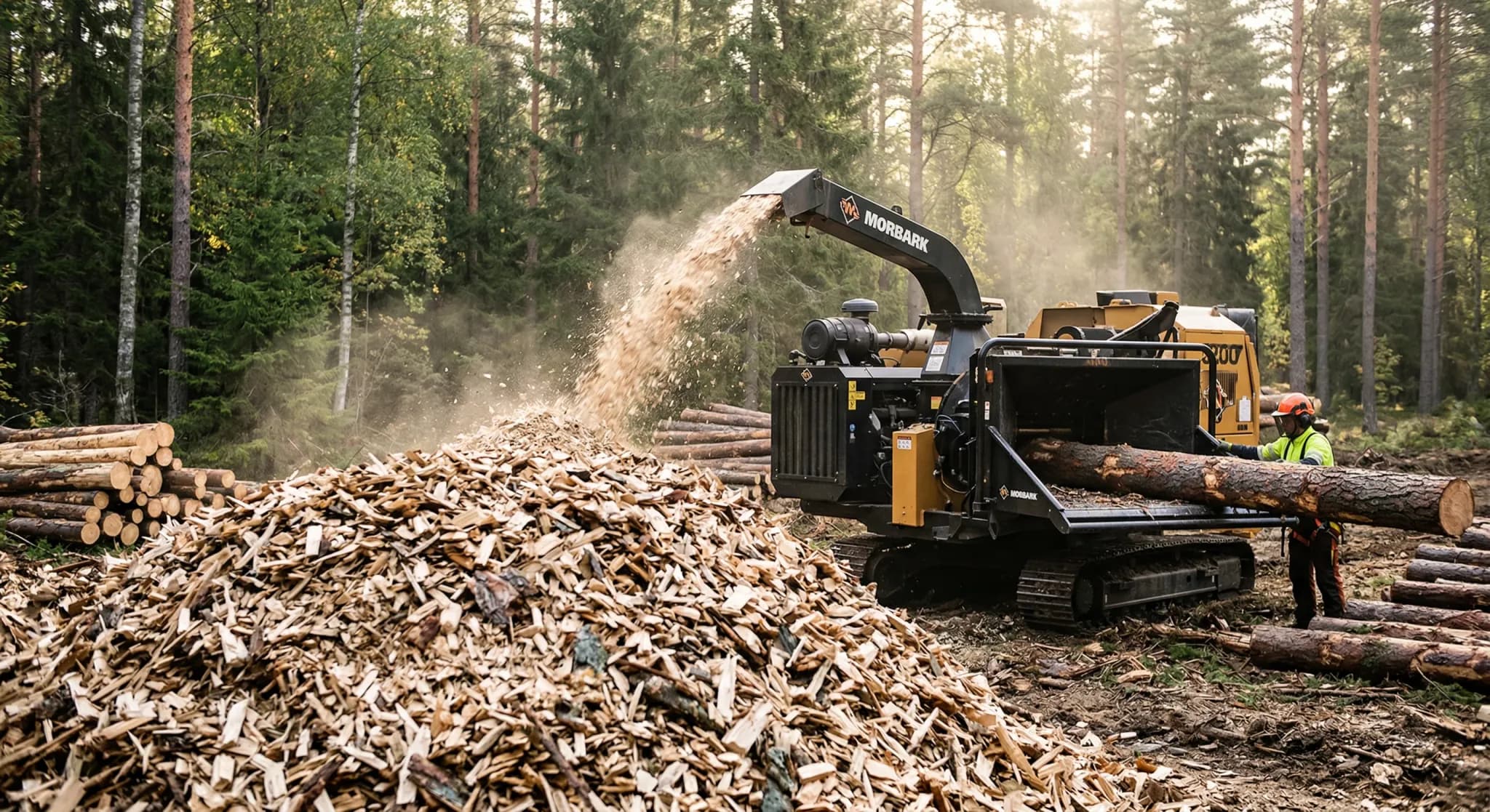 A professional wood chipping machine processing large logs in a forest clearing, with a massive pile of fresh wood chips in the foreground. Soft morning light filters through the surrounding trees, hi