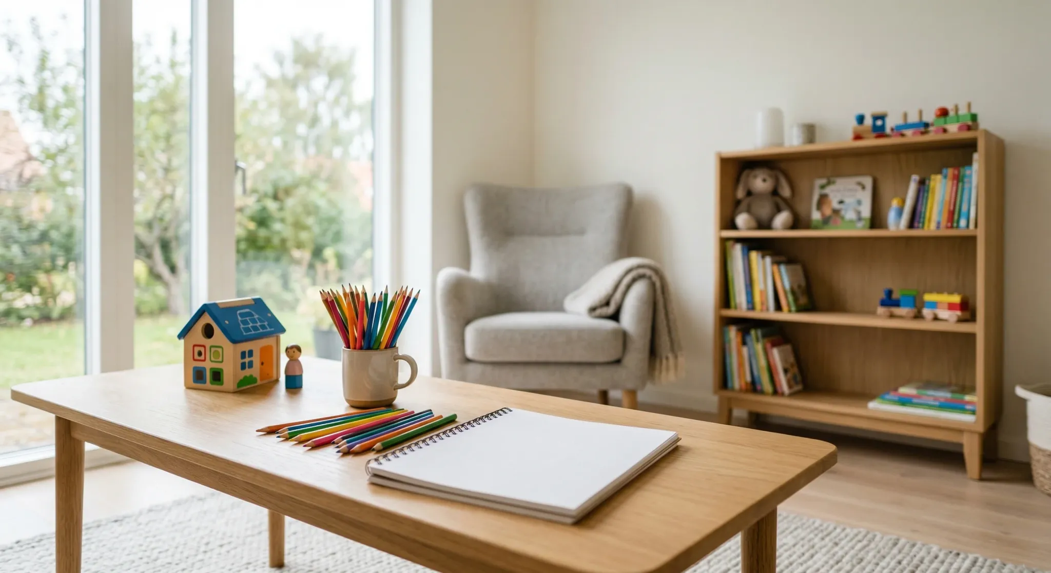 A bright, modern consultation room with large windows showing soft northern light. On a light oak table, there are colorful drawing pencils, a blank sketchbook, and a small wooden toy house, suggestin