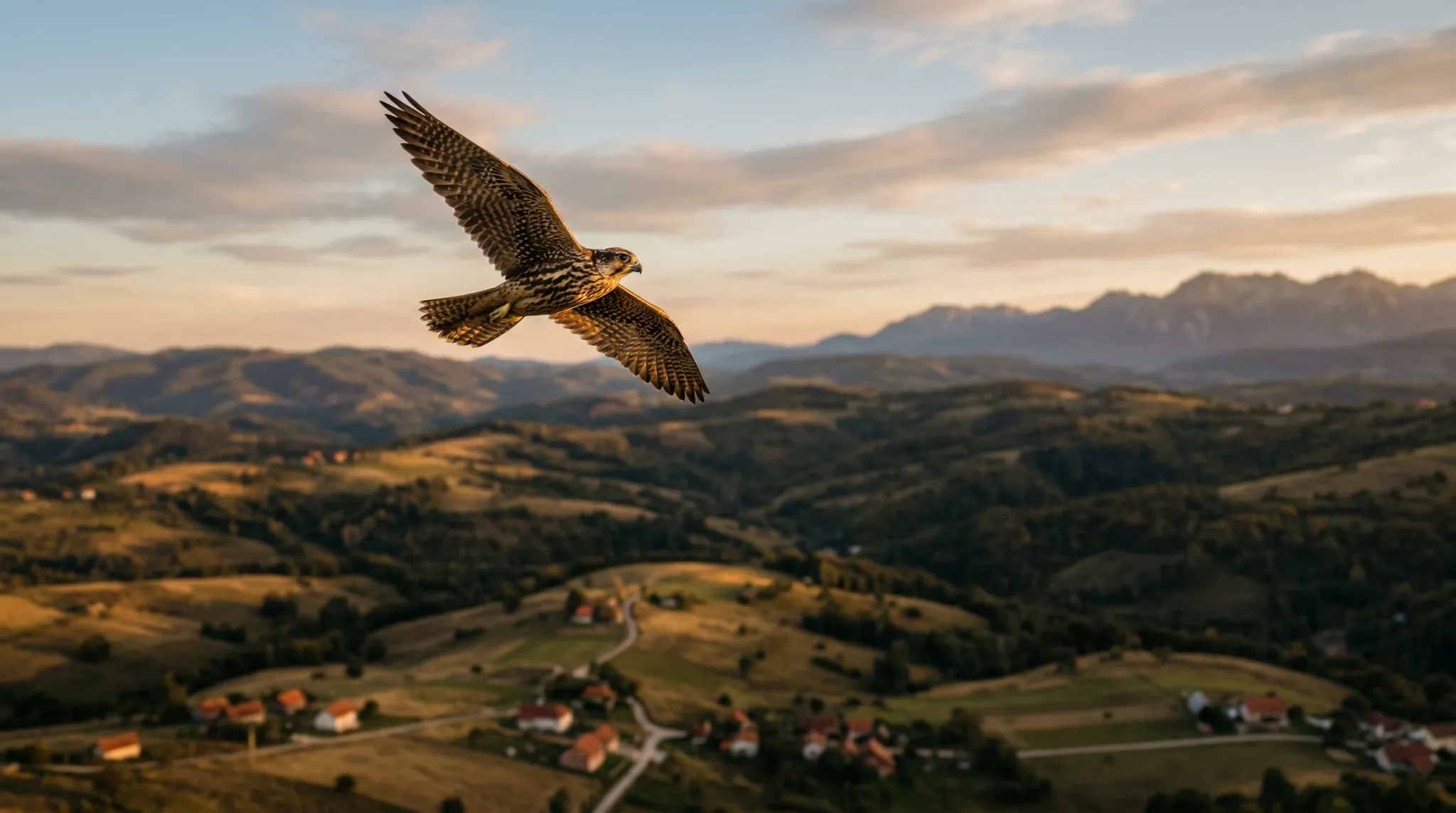 A cinematic wide-angle shot of a Saker falcon soaring over the rolling hills of a rural Balkan landscape at golden hour. The sunlight catches the intricate feather details of the raptor as it glides t
