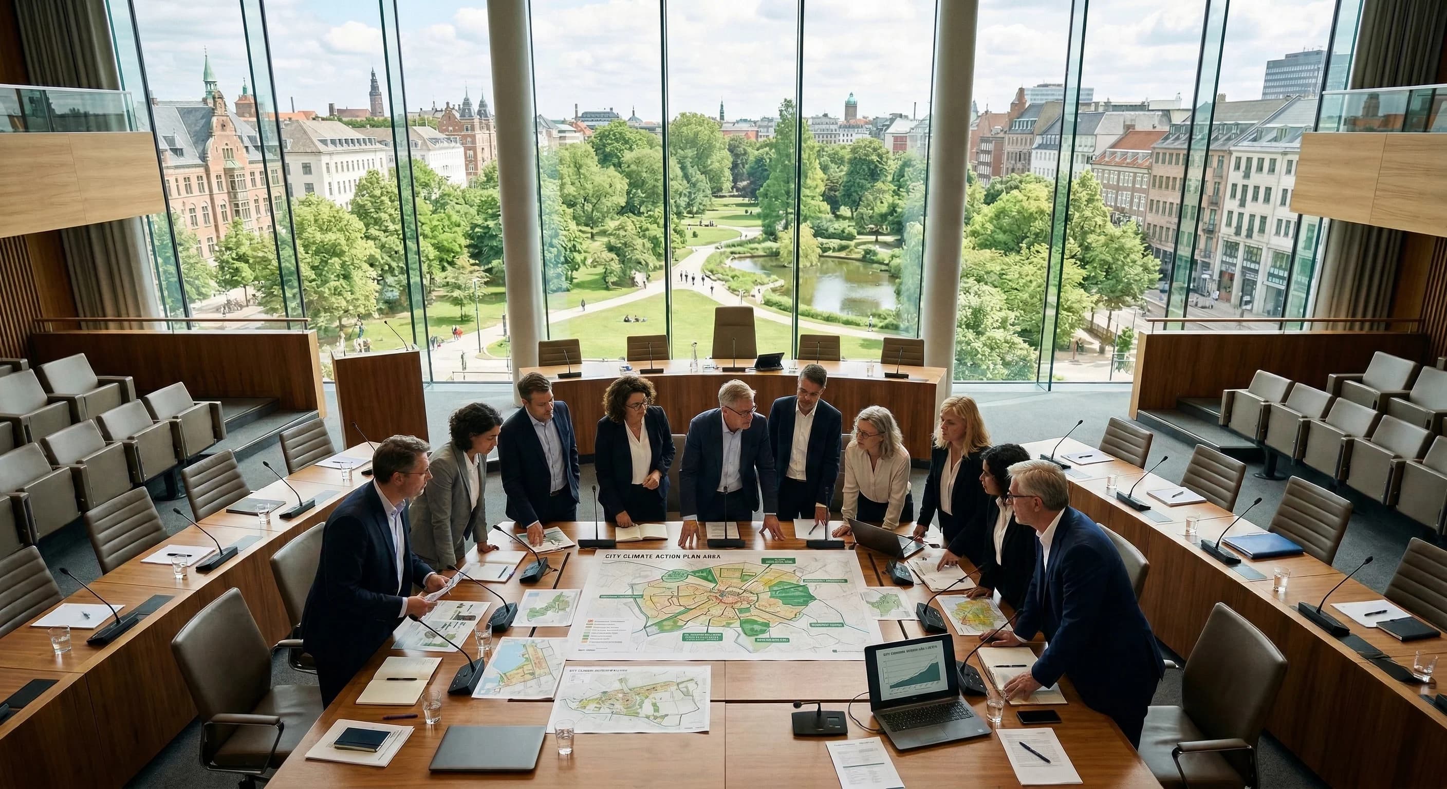 A high-angle photorealistic shot of a modern European city council chamber with large windows overlooking a green urban park. Natural daylight fills the room, highlighting wooden furniture and a large