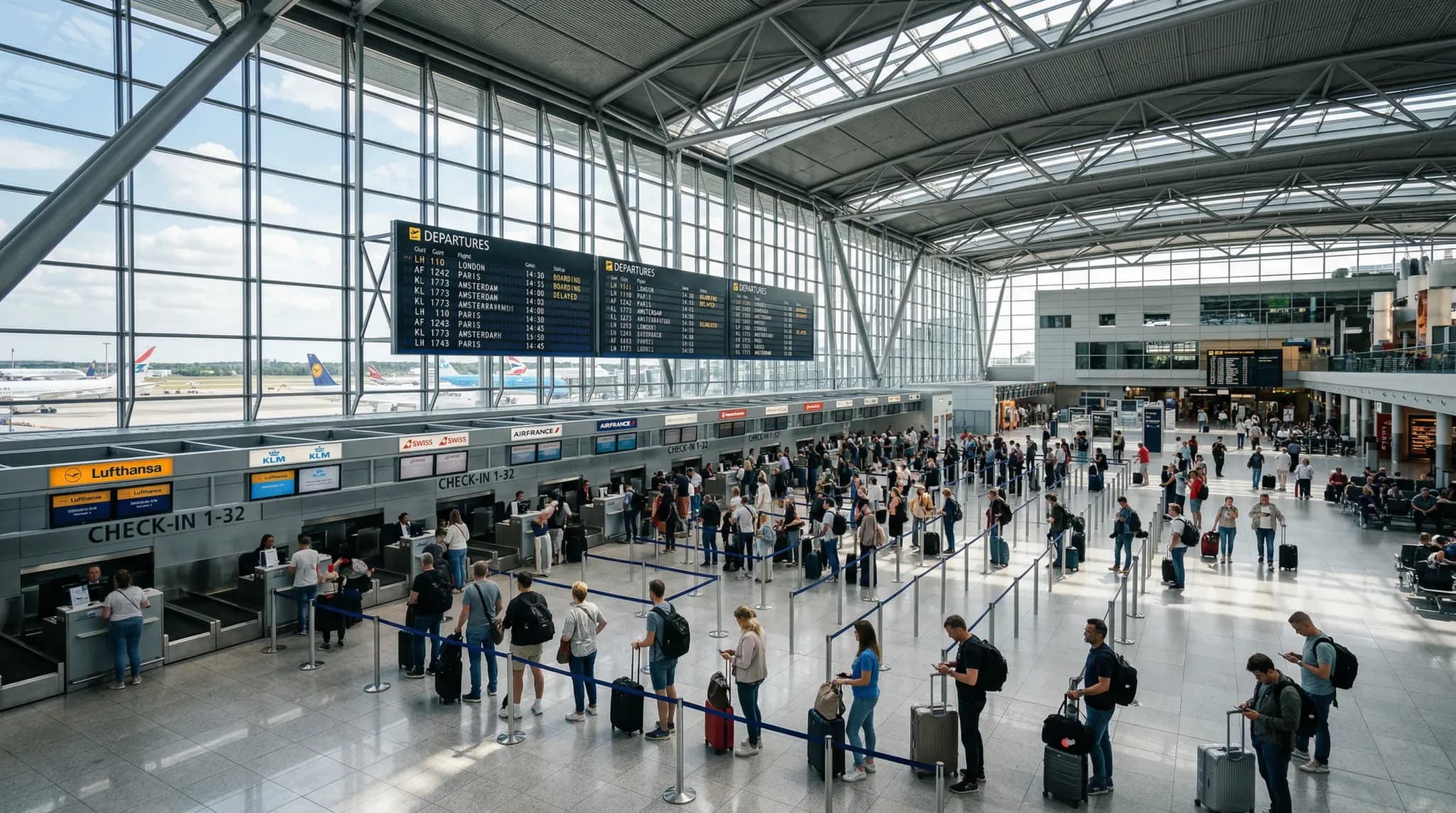 A photorealistic wide-angle shot of a modern European airport check-in hall with high ceilings and large glass windows. Passengers with suitcases are standing in organized lines, keeping a respectful