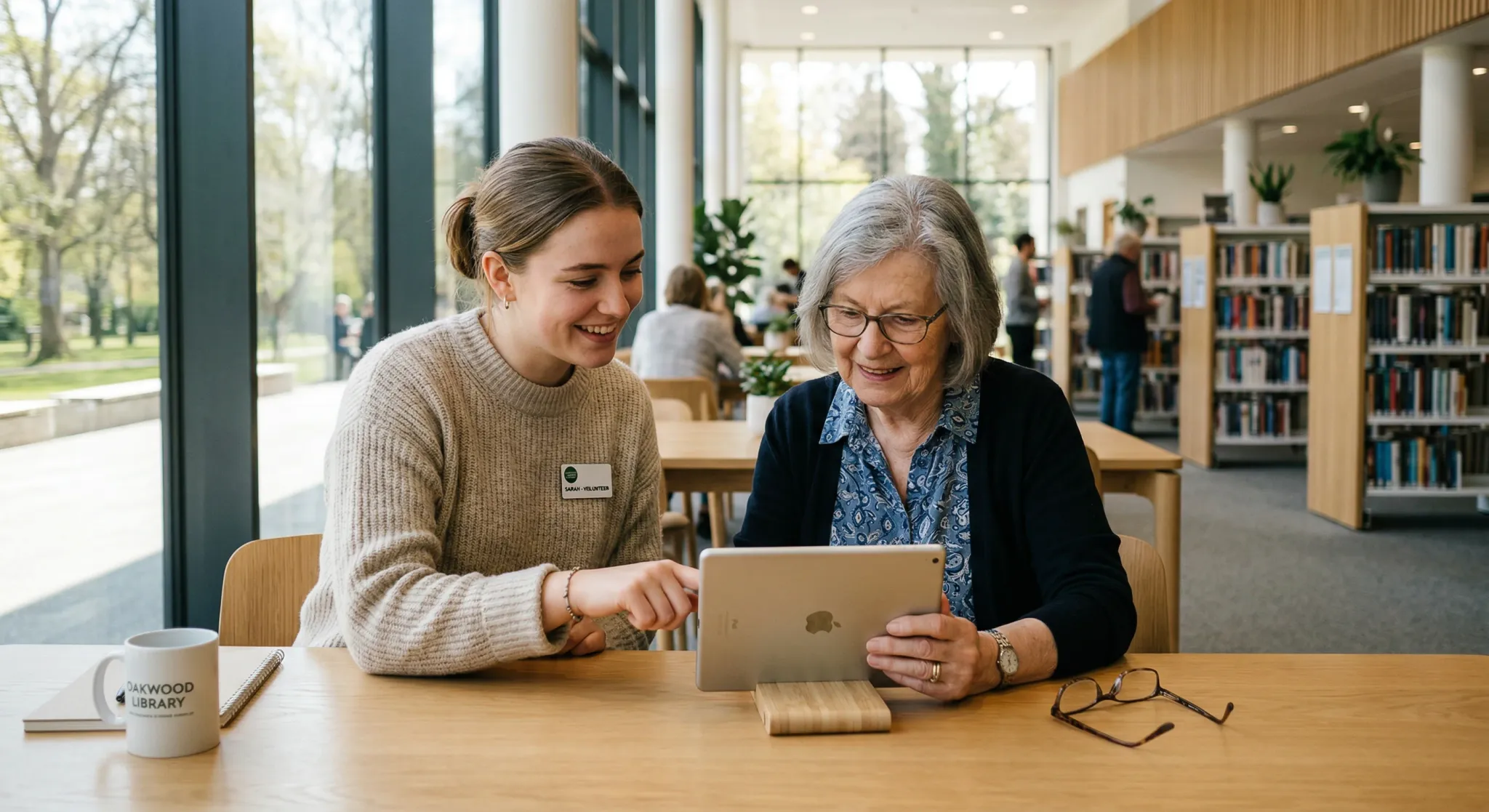 A photorealistic scene in a bright, modern library with large windows. A young volunteer in a casual sweater is patiently showing an elderly person how to use a tablet. They are sitting side-by-side a