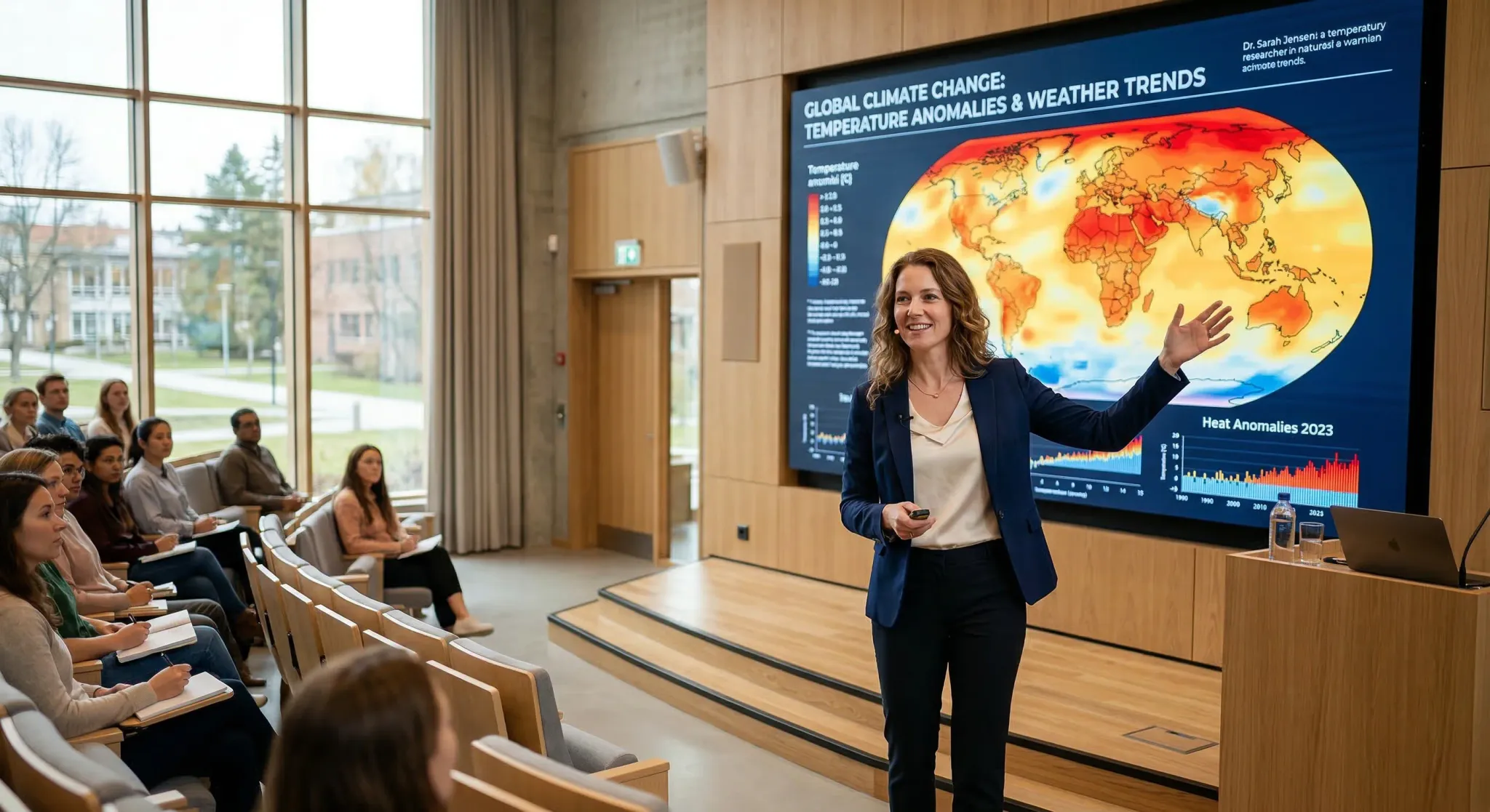 A professional researcher stands in a modern Scandinavian-style lecture hall, presenting a lecture on climate change. She is gesturing toward a large digital screen displaying a vibrant heatmap of glo