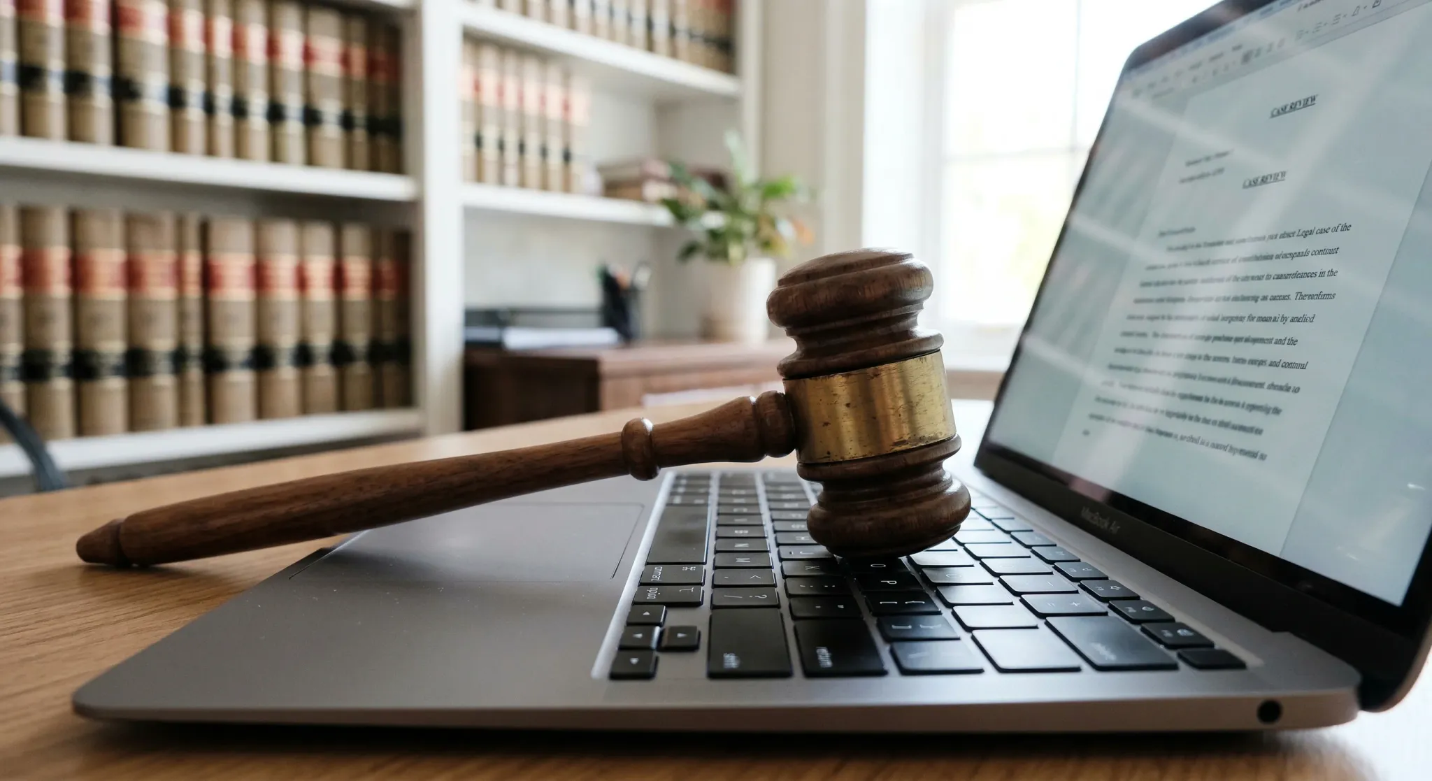 A close-up, low-angle shot of a classic wooden gavel resting on top of a modern, sleek laptop keyboard. The setting is a bright, airy office with a shallow depth of field, blurring out legal law books