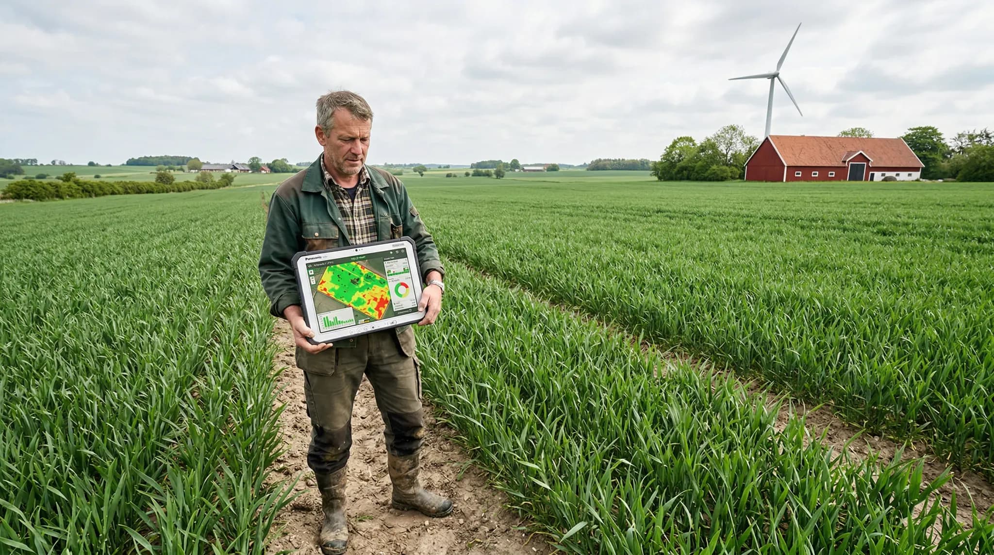 A photorealistic wide-angle shot of a European farmer standing in a vast green field, looking at a digital tablet that displays colorful crop analytics. In the far distance, a classic Northern Europea