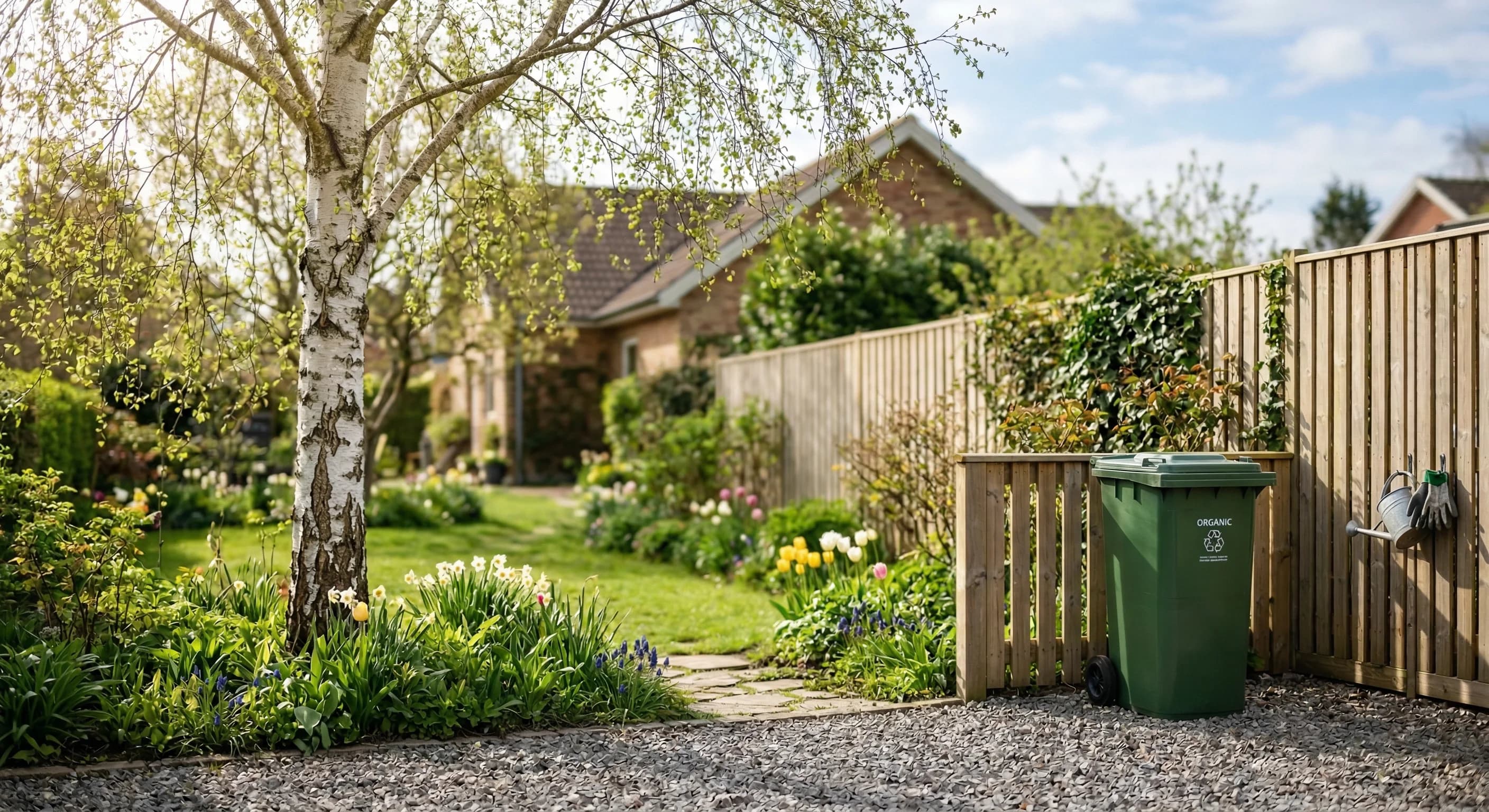 A photorealistic scene of a lush green suburban garden in Northern Europe during early spring. In the foreground, a modern green plastic organic waste bin sits neatly on a gravel driveway next to a li