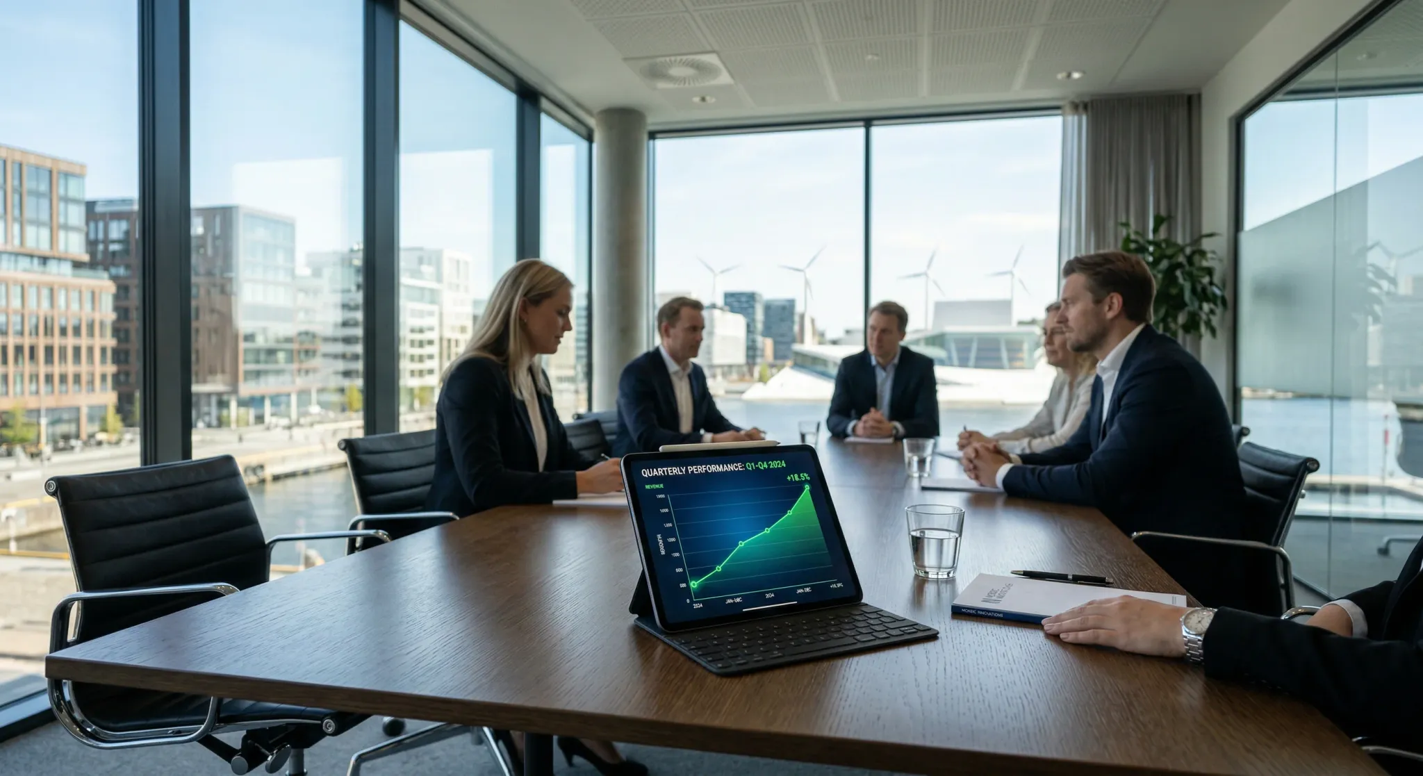 A photorealistic shot of a modern, sunlit boardroom in a Northern European city. On a dark wooden table sits a sleek tablet displaying a glowing financial growth chart with a clear upward trend. Throu