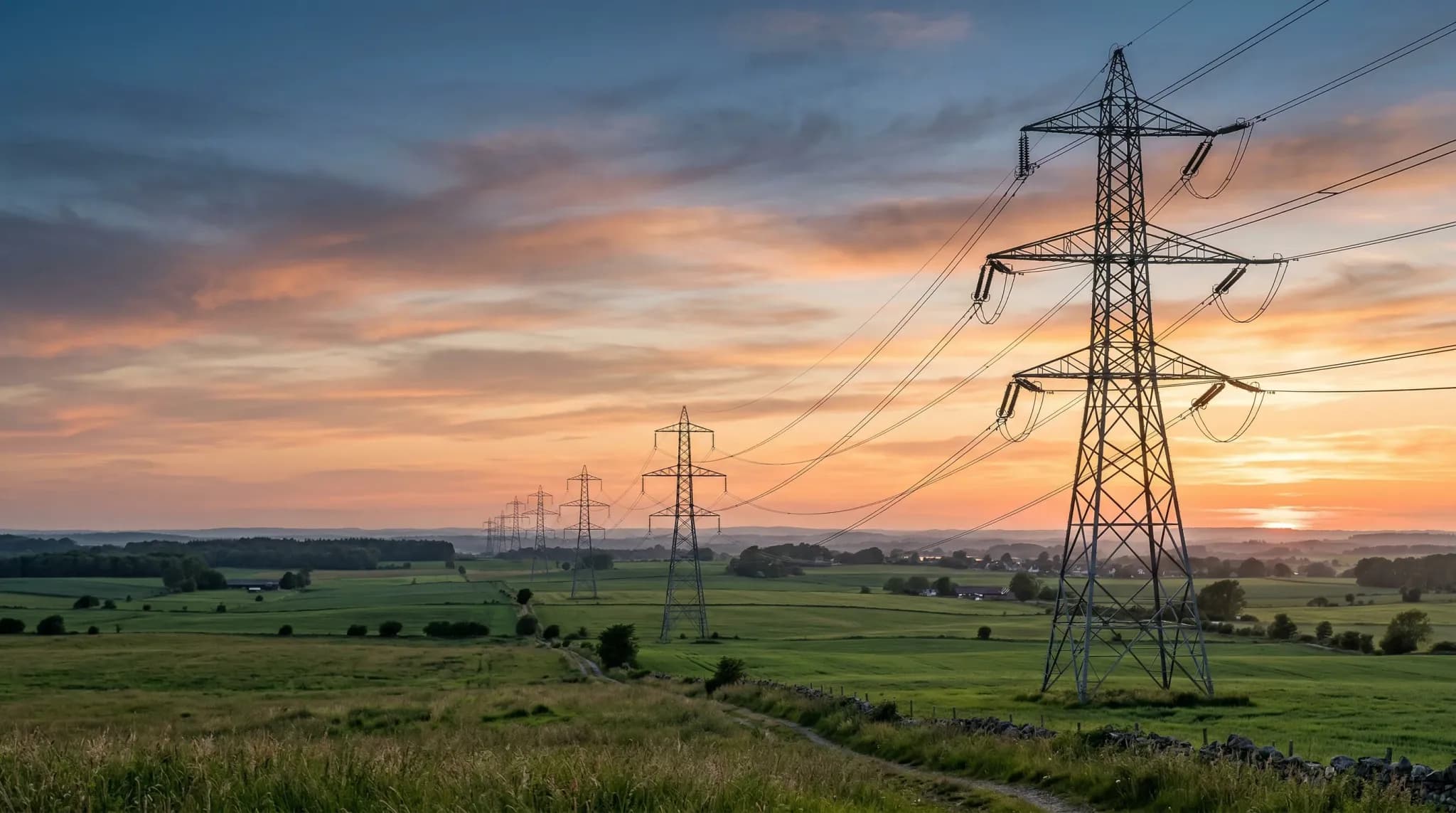 A wide-angle photorealistic shot of tall steel lattice power pylons marching across a vast, flat green landscape in Northern Europe. The high-voltage lines curve gracefully against a soft sunset sky w