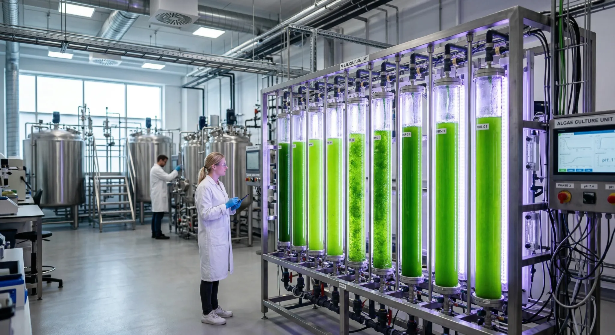 A photorealistic shot of a modern biotechnology laboratory featuring vertical glass photobioreactors filled with bright green microalgae. The scene is lit with cool white and soft violet ultraviolet l