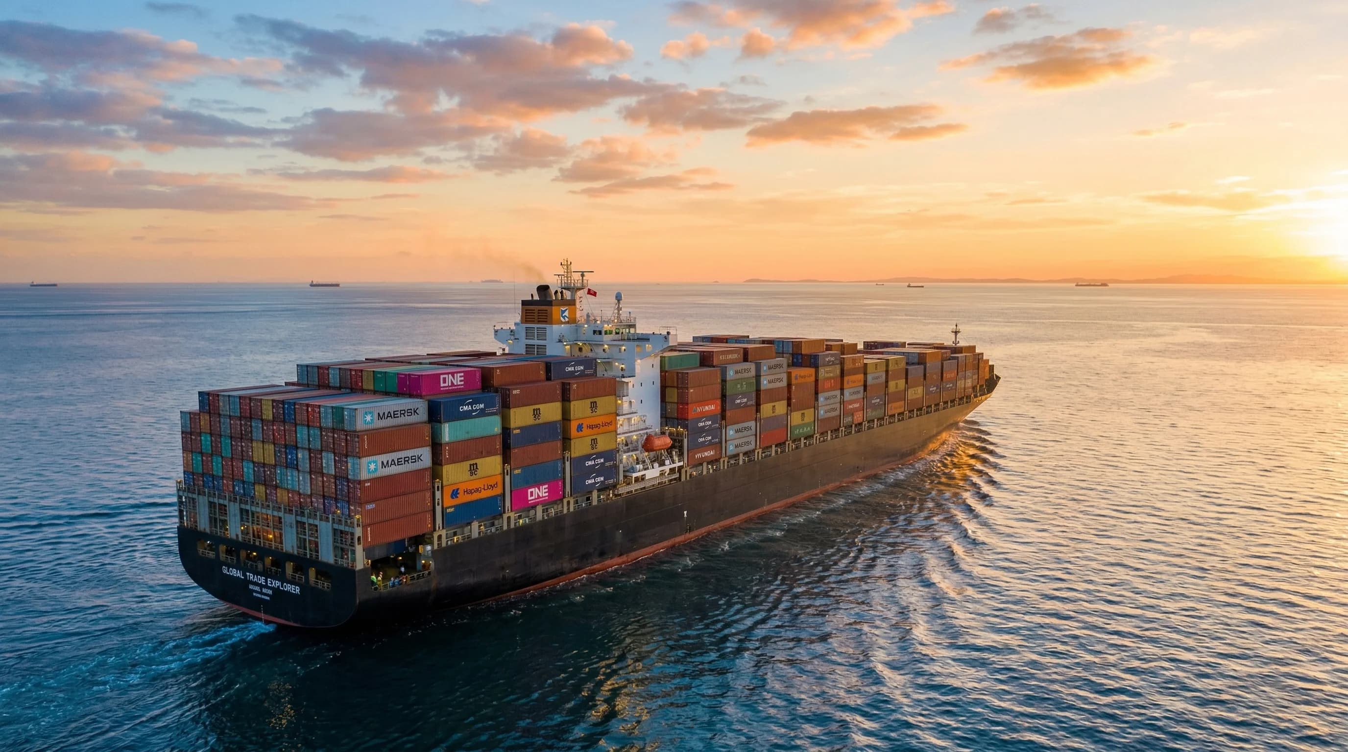 A wide-angle, photorealistic shot of a large container ship moving through calm blue water during the golden hour. The ship is loaded with colorful shipping containers, symbolizing international trade