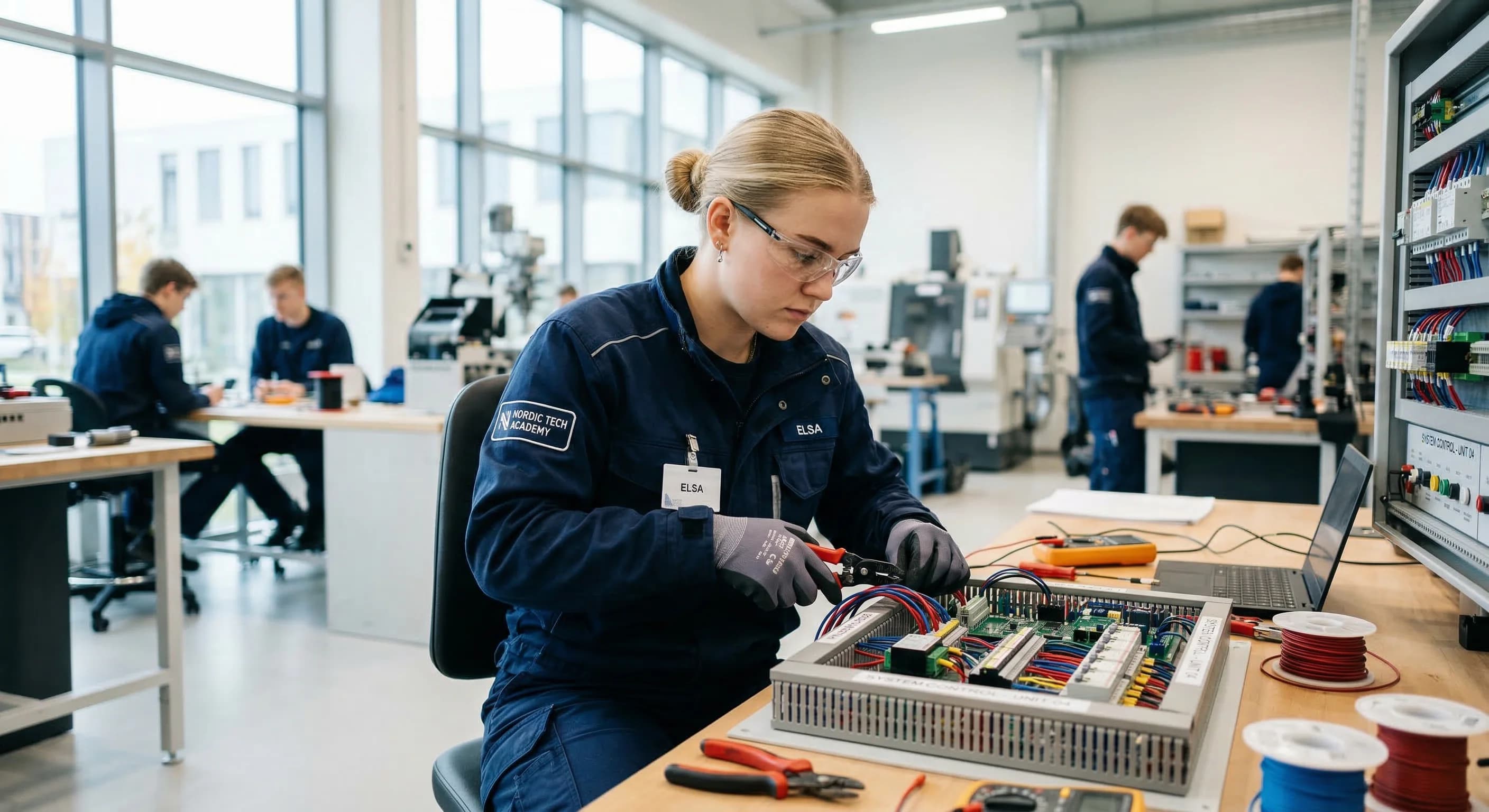 A young apprentice in a bright, modern workshop wearing professional workwear, focused on wiring an industrial electrical circuit board. The scene is shot with a shallow depth of field, with soft natu