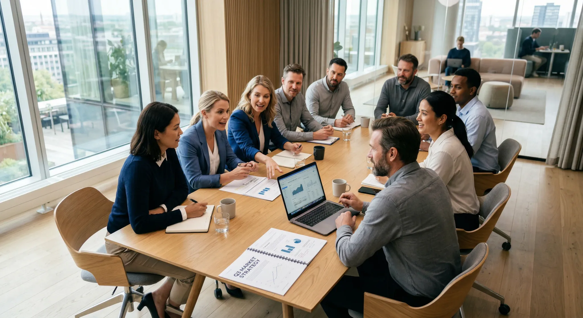 A high-angle photograph of a modern, sunlit Scandinavian boardroom with a sleek oak table. Professional men and women are engaged in a collaborative discussion around a laptop and a printed report. Th