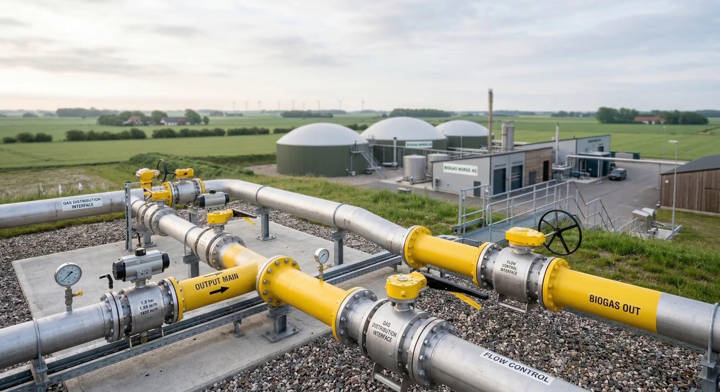 A wide-angle photorealistic shot of a modern biogas facility situated in a flat Northern European rural landscape. In the foreground, large silver and yellow pipes are connected to industrial valves,