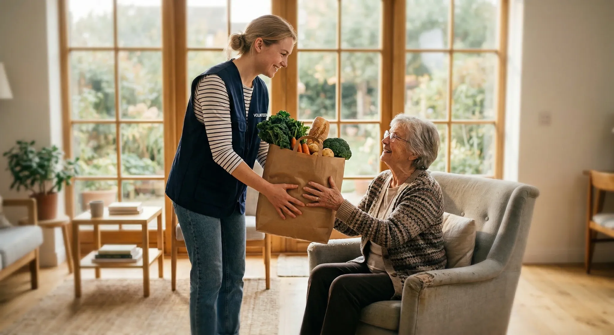 A warm, sun-drenched scene in a minimalist Scandinavian living room with large windows and light wood floors. A younger volunteer in a simple vest hands a brown paper grocery bag filled with vegetable