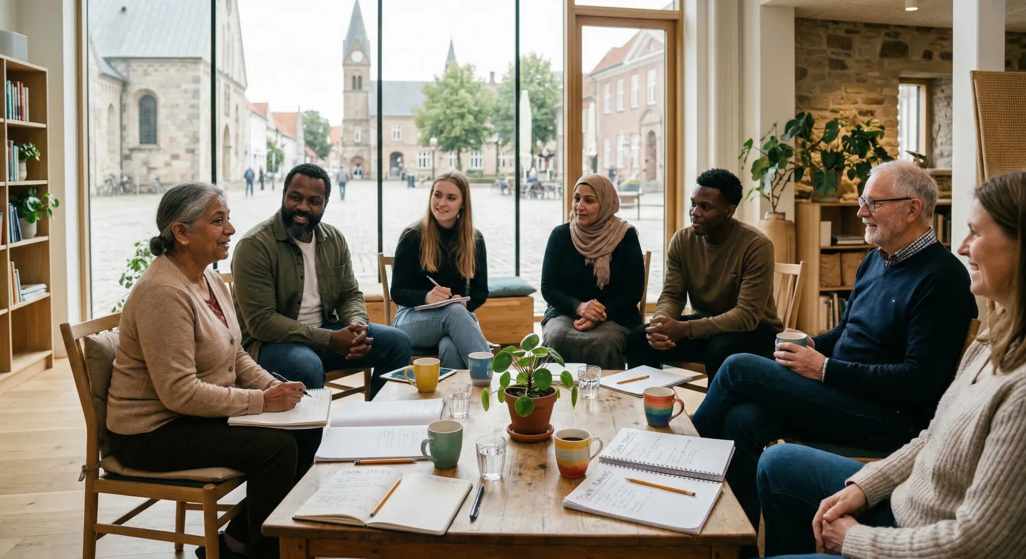 A warm and inviting photorealistic scene of a diverse group of adults sitting in a circle in a bright, modern community hall. Large windows in the background reveal a soft-focus Northern European town